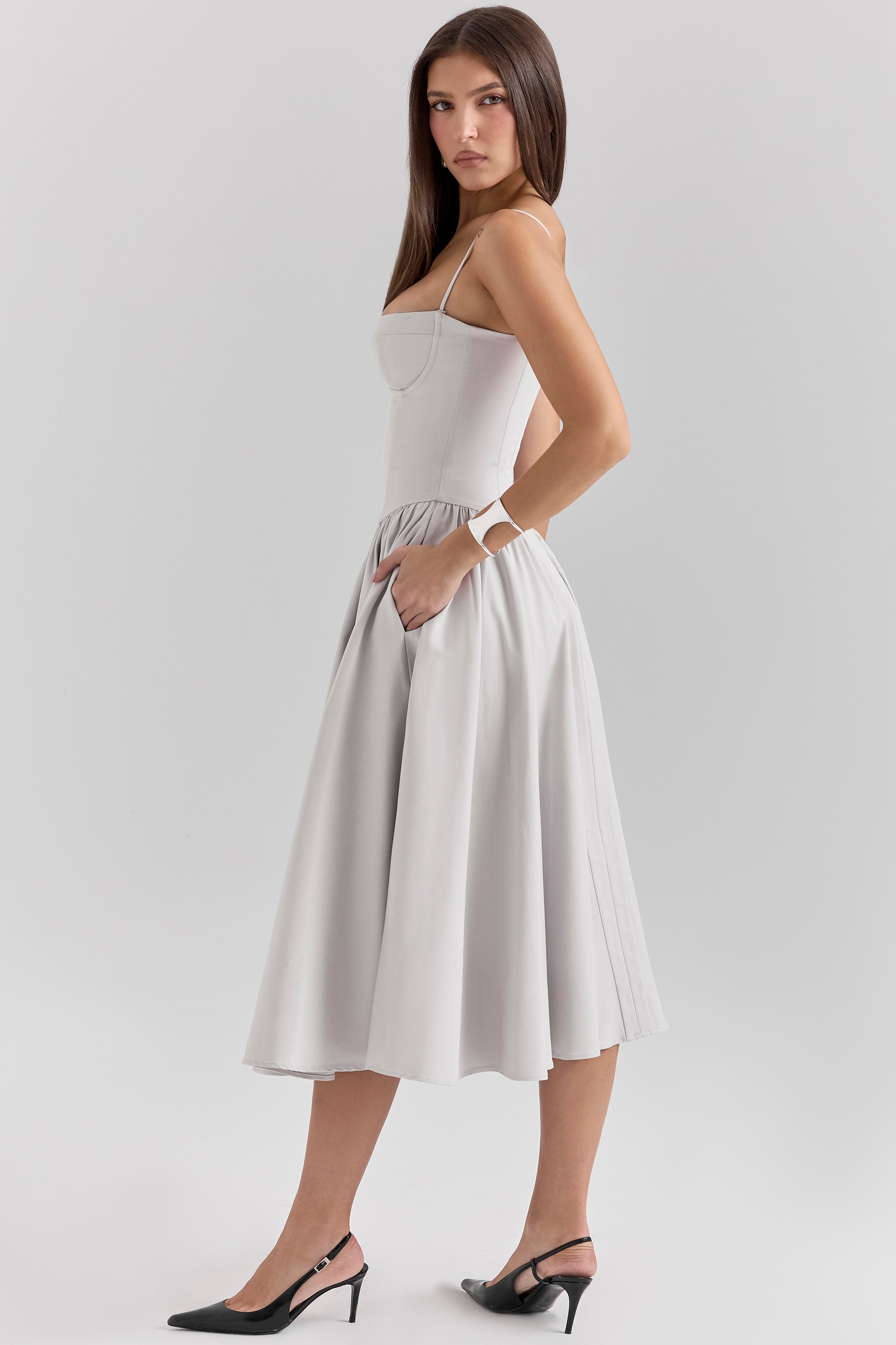 Dove Grey Corset Midi Dress - TREBLEV