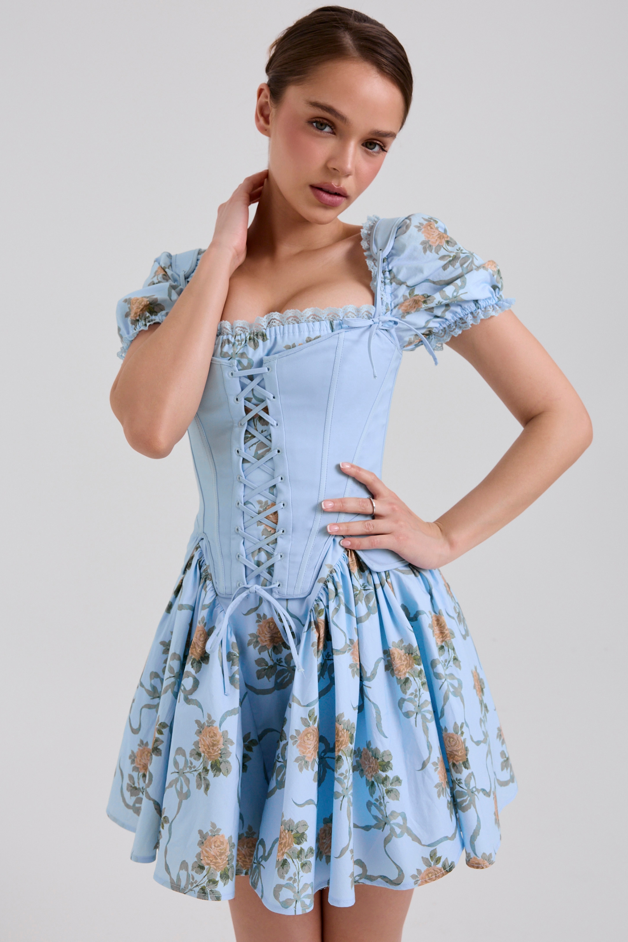 Blue Rose Print Cotton Mini Dress - TREBLEV