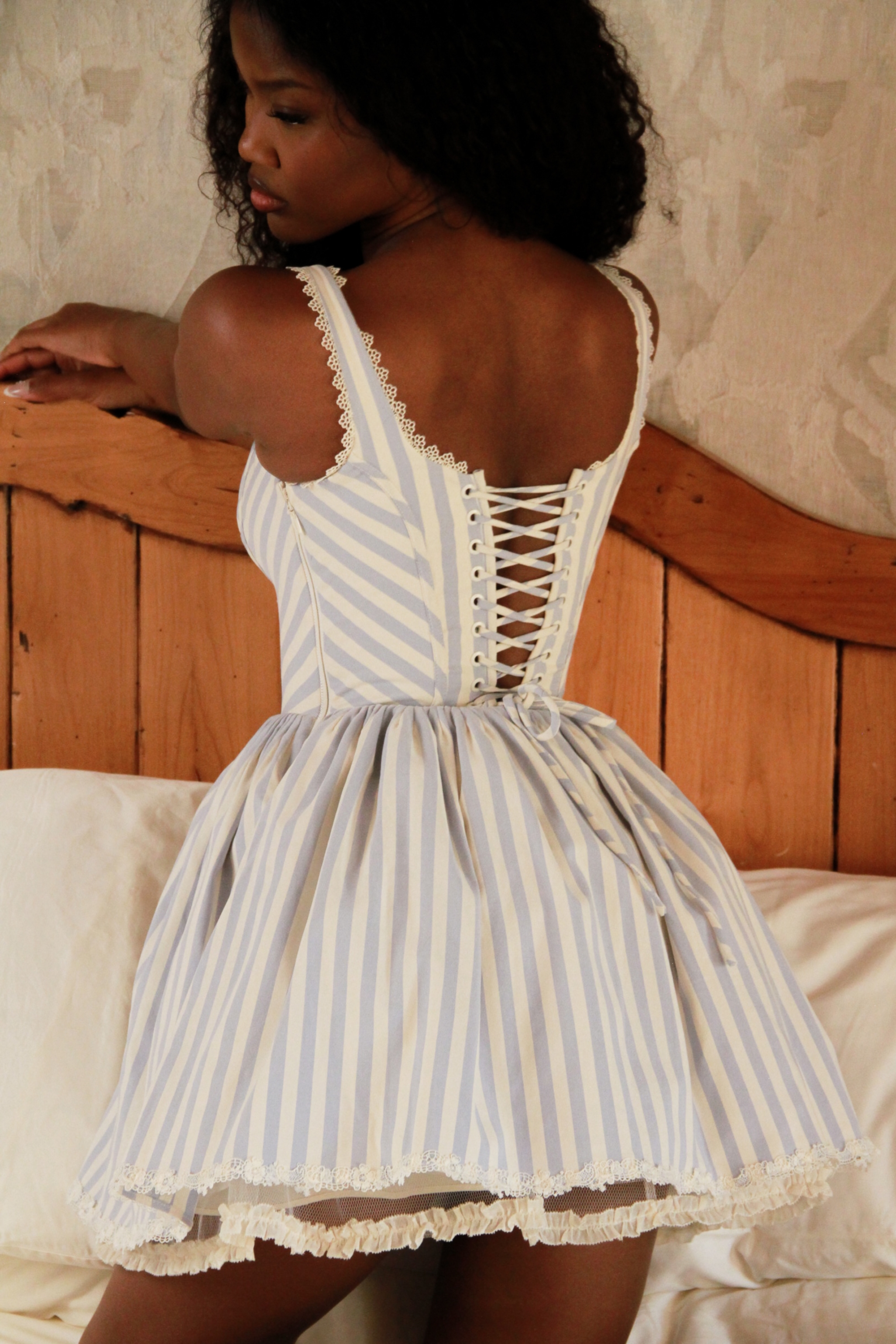 Blue Striped Pintucked Mini Dress - TREBLEV