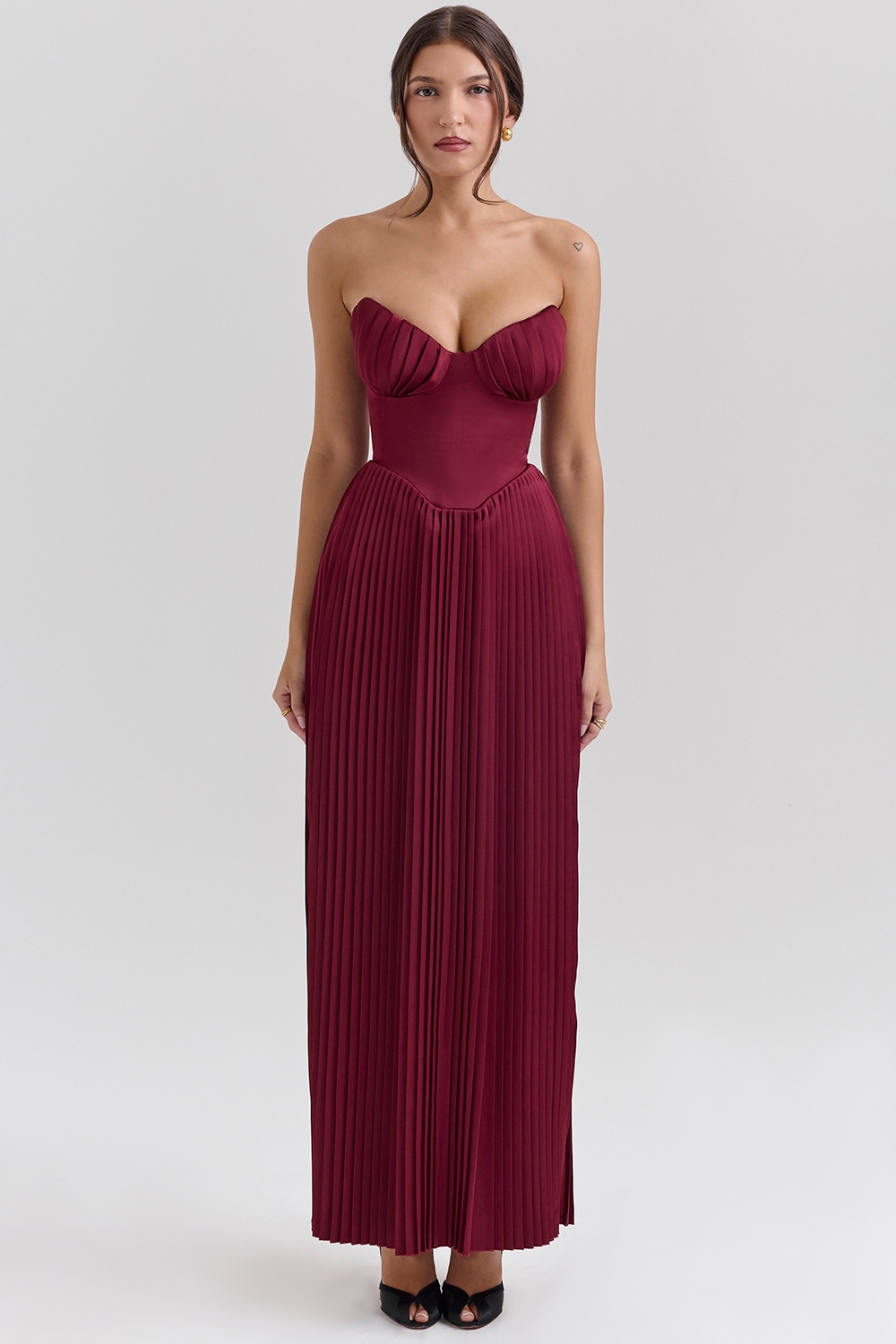 Berry Pleated Satin Maxi Dress - TREBLEV