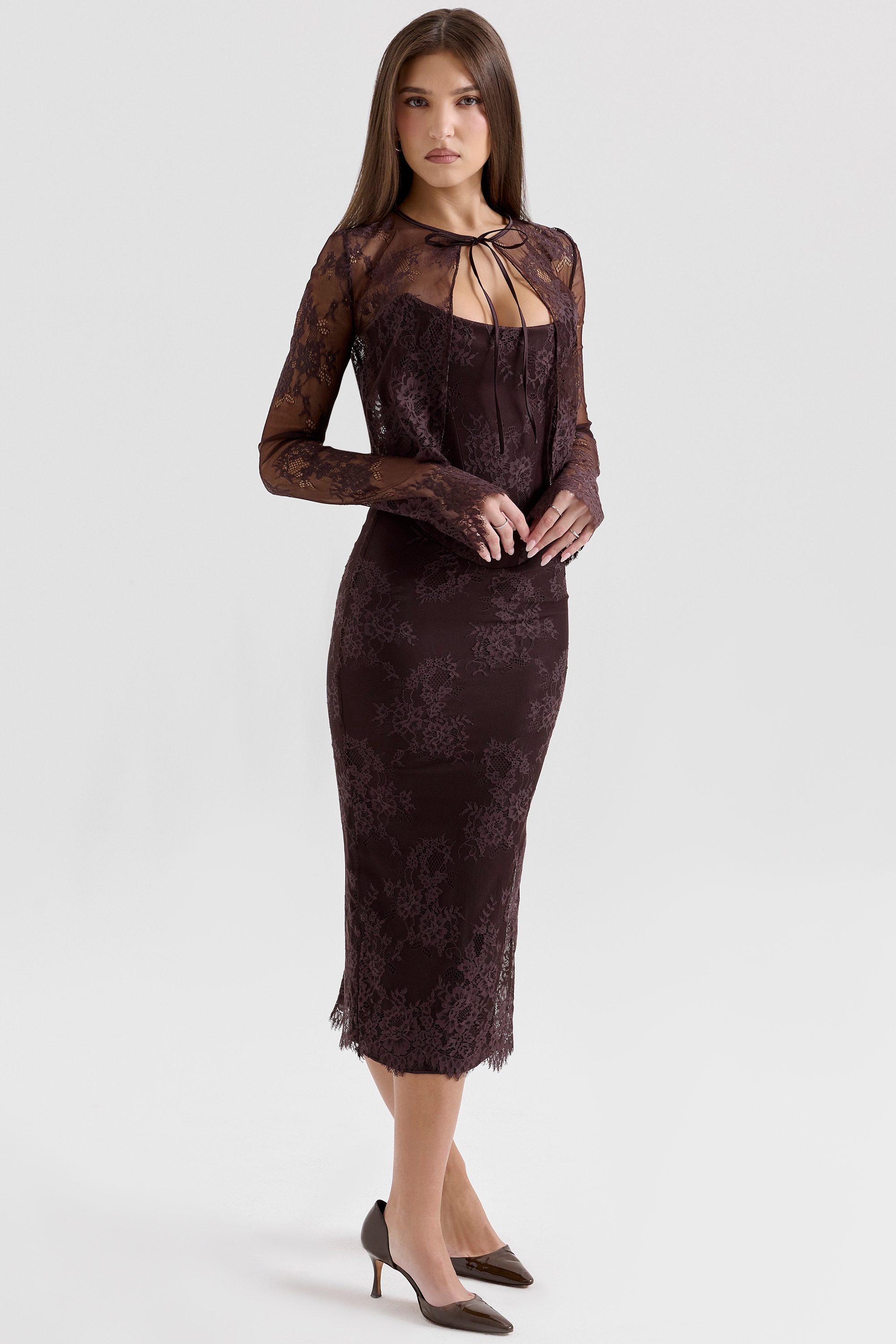 Bitter Chocolate Lace Corset Midi Dress & Bolero - TREBLEV