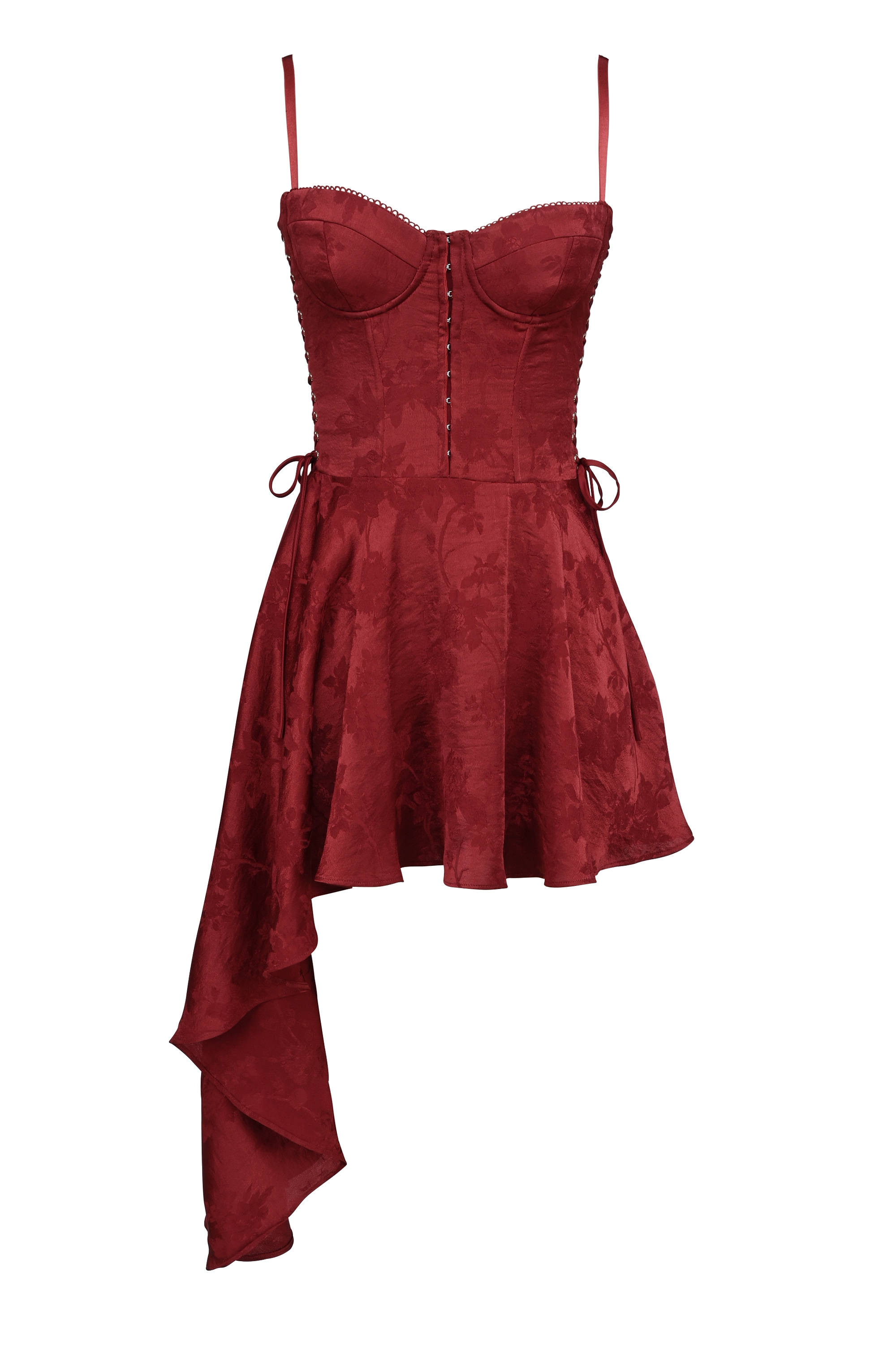 Wine Jacquard Satin Draped Mini Dress - TREBLEV