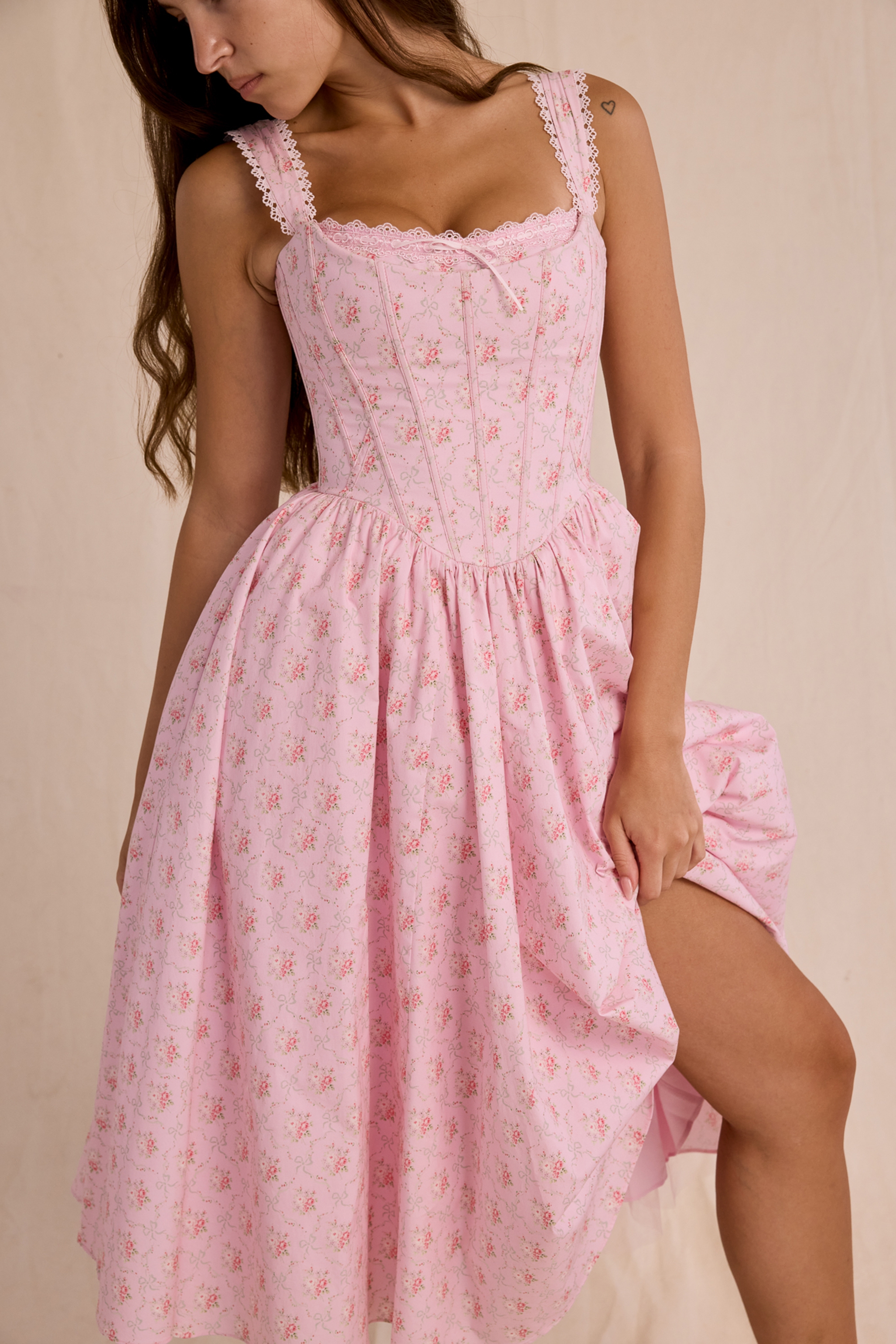 Pink Rose Print Stretch Cotton Corset Midi Dress - TREBLEV