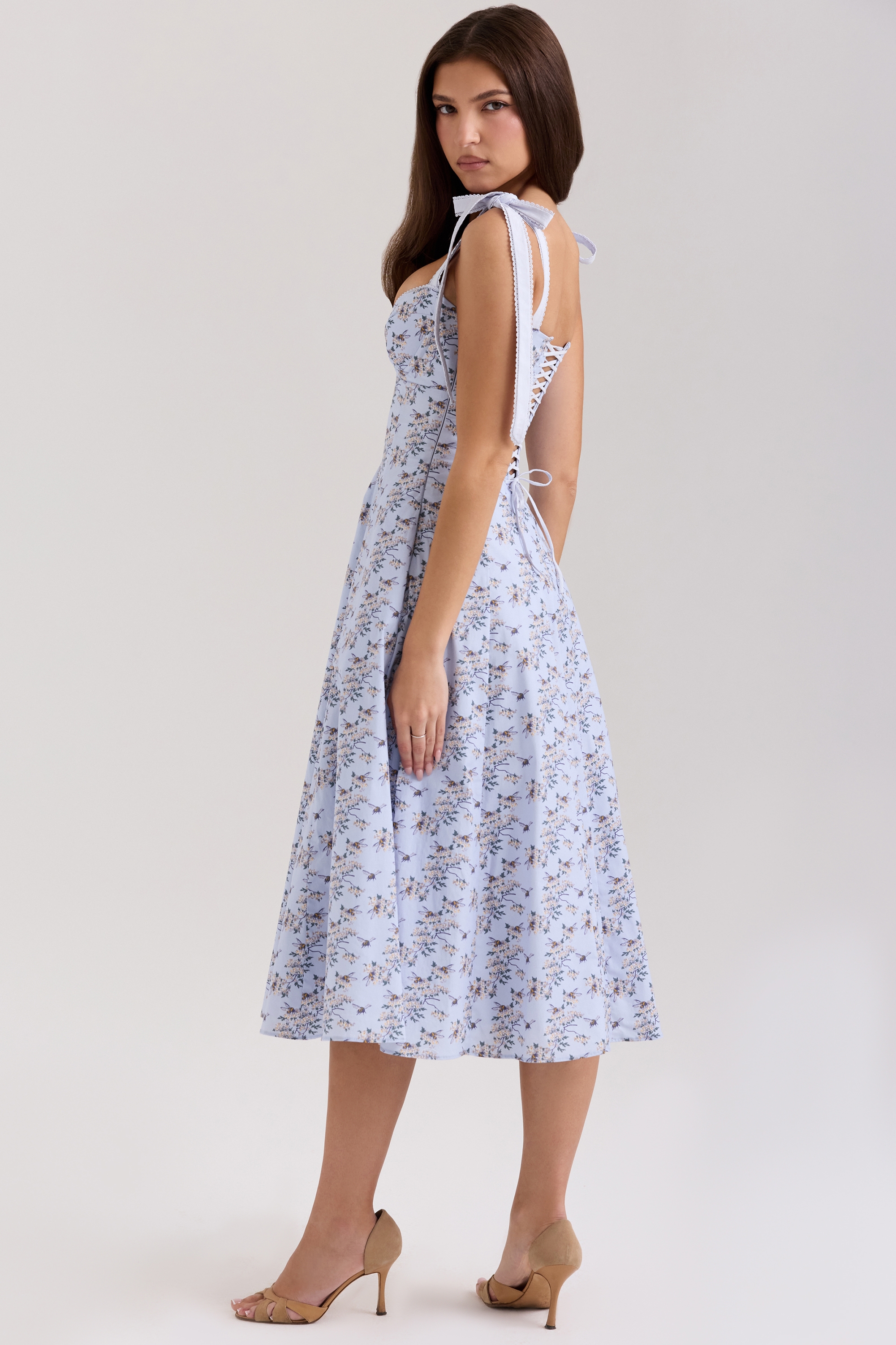 Blue Floral Print Stretch Cotton Midi Sundress - TREBLEV