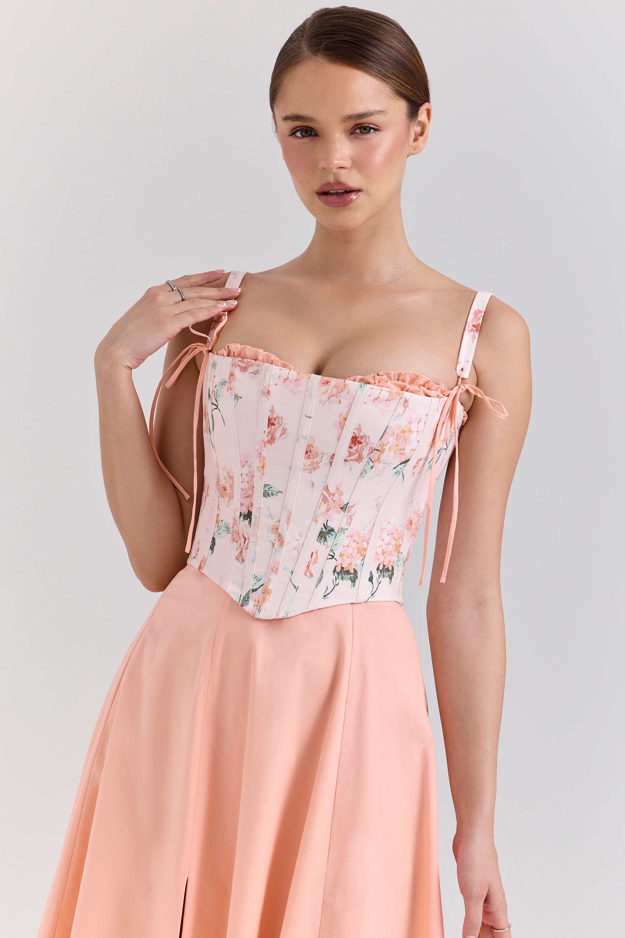 Peach Cotton Detachable Corset Midi Sundress - TREBLEV
