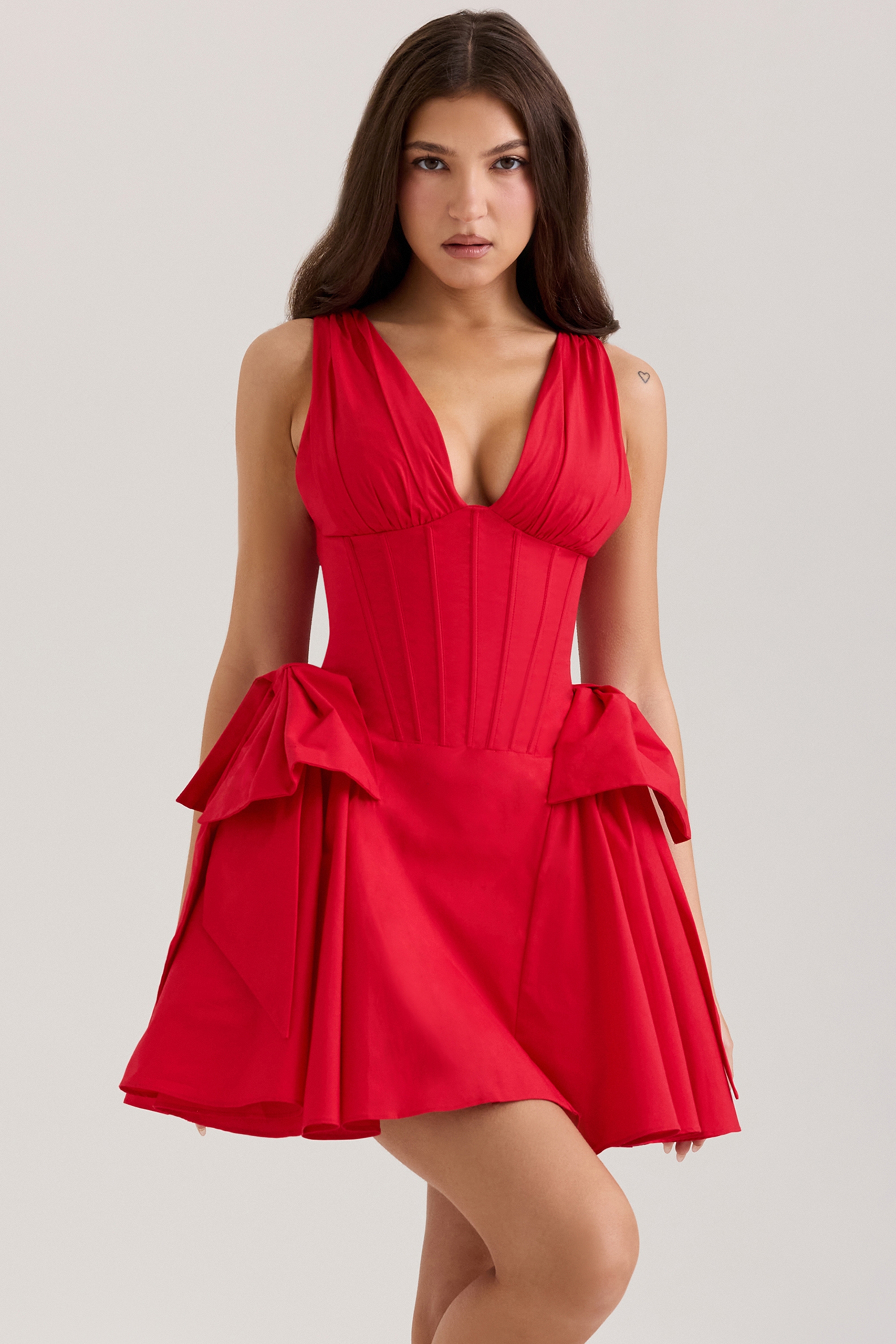Red Cotton Bow Mini Dress - TREBLEV