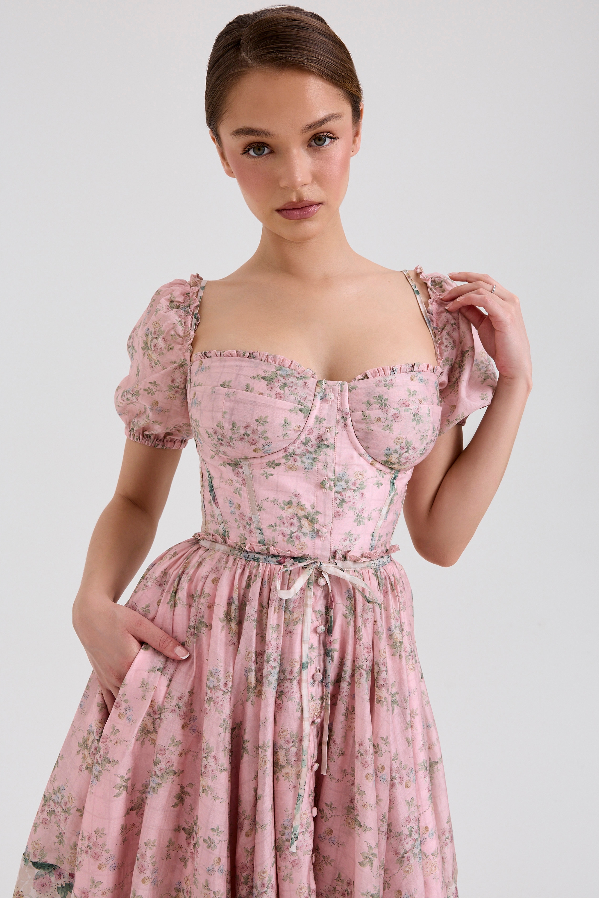 Pink Floral Chiffon Midi Dress - TREBLEV