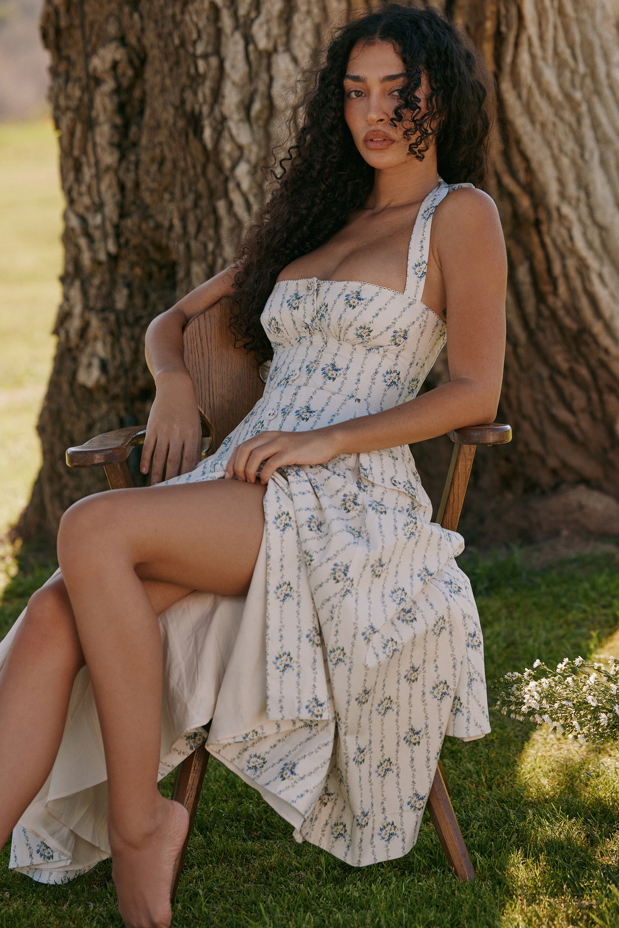 Cream Daisy Print Stretch Cotton Halter Neck Midi Dress - TREBLEV