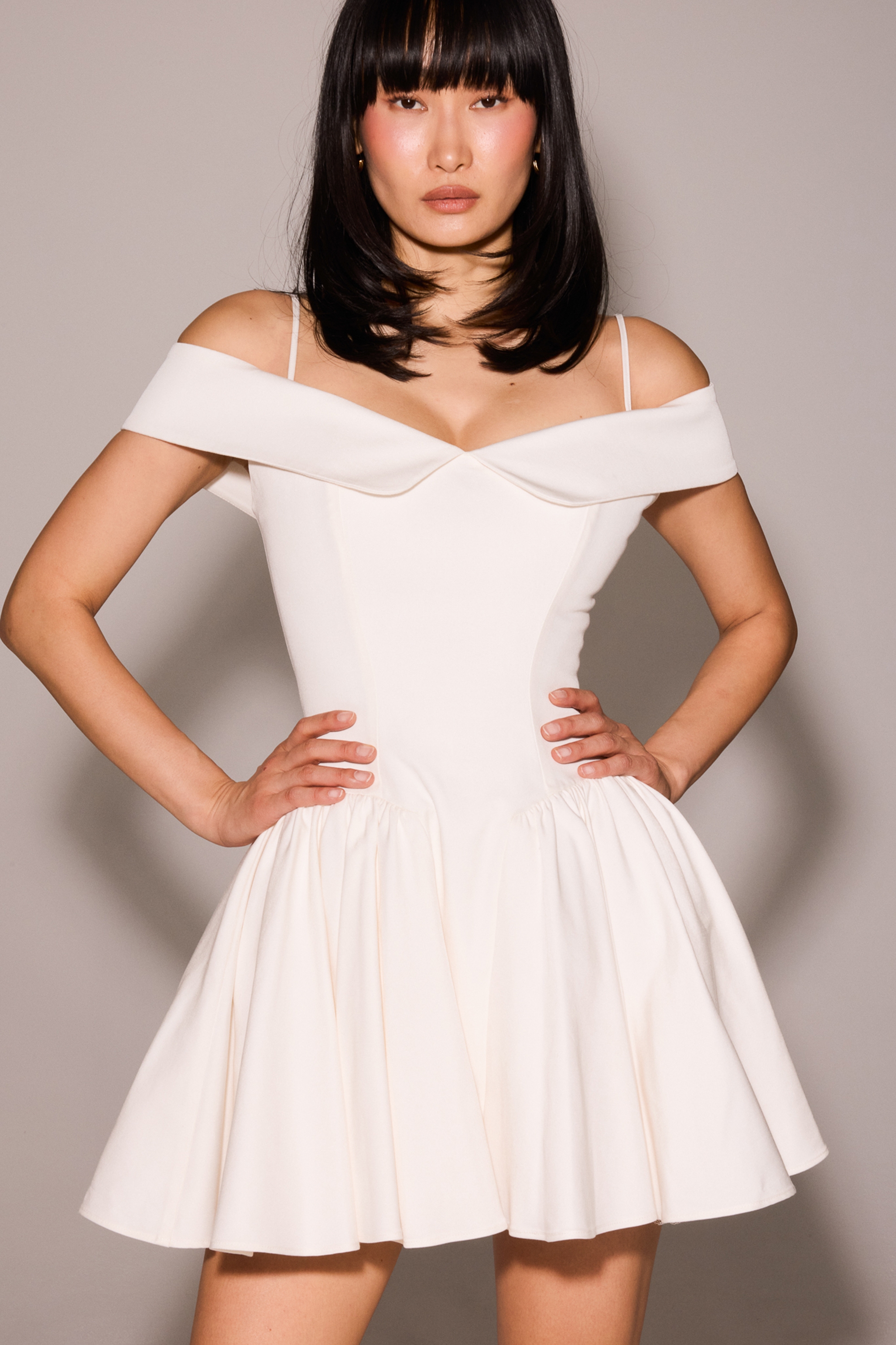 White Twill Off Shoulder Mini Dress - TREBLEV