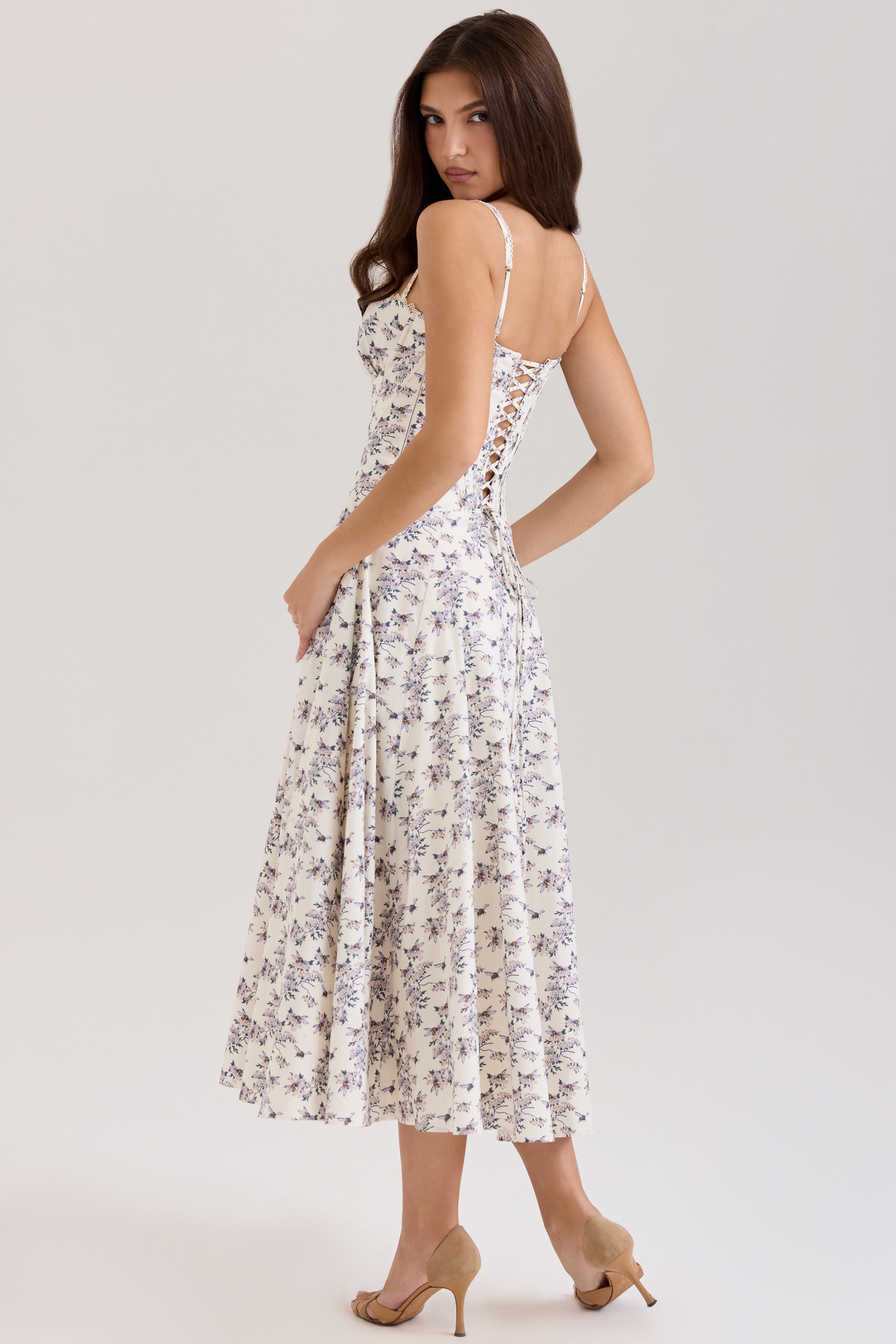 Cream Stretch Cotton Floral Print Midi Sundress - TREBLEV
