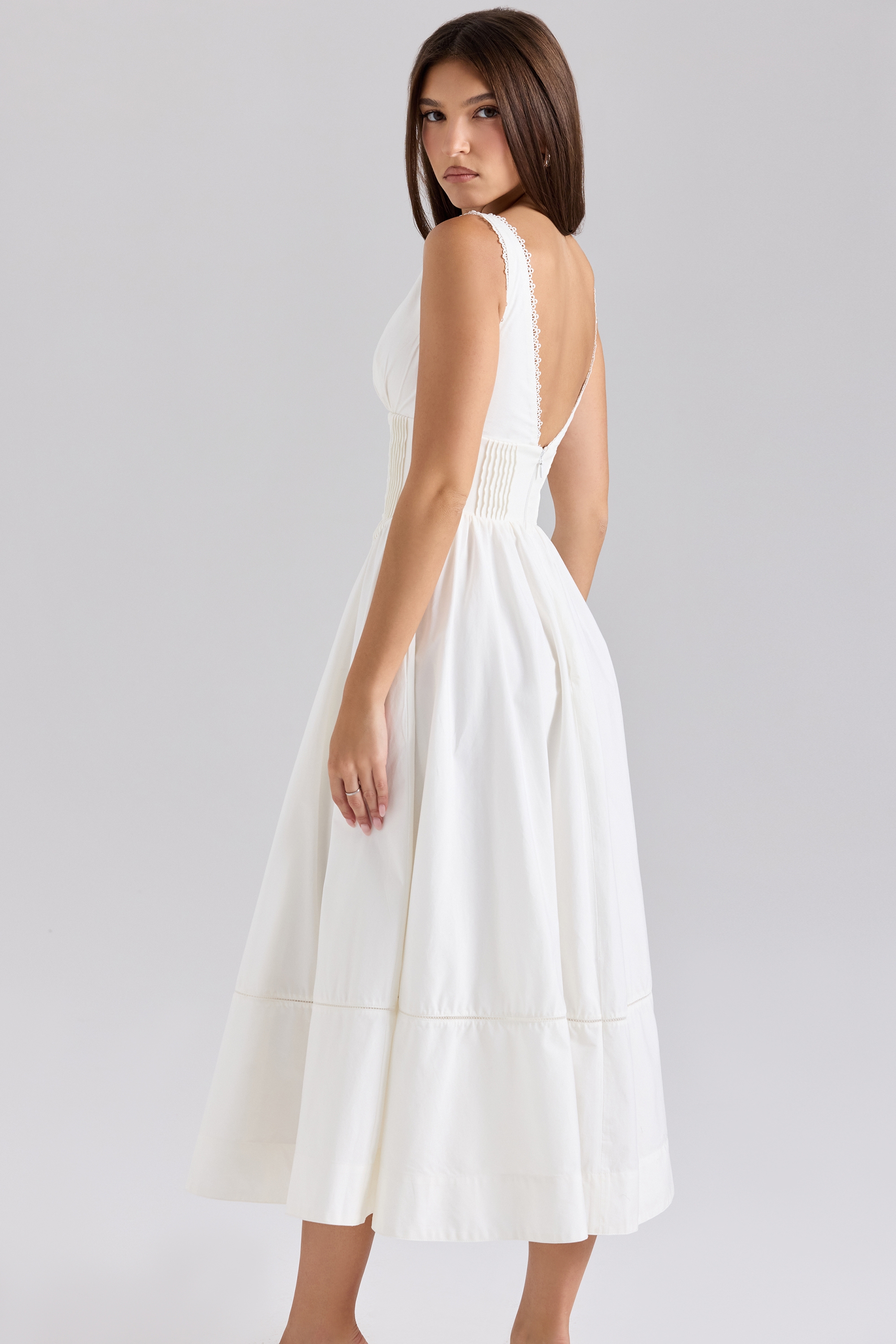 White Stretch Cotton Midi Sundress - TREBLEV