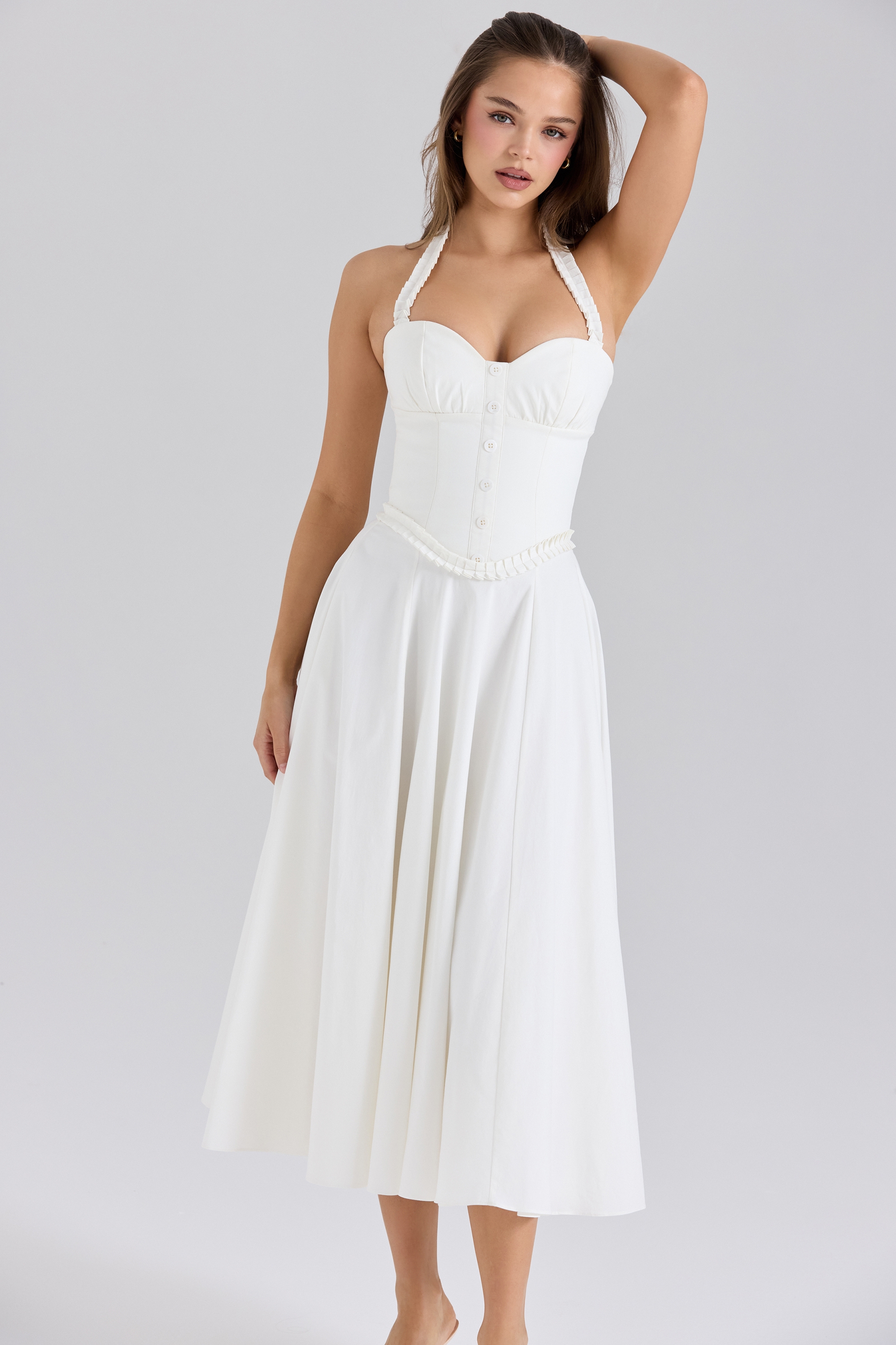 White Stretch Cotton Halter Neck Midi Dress - TREBLEV