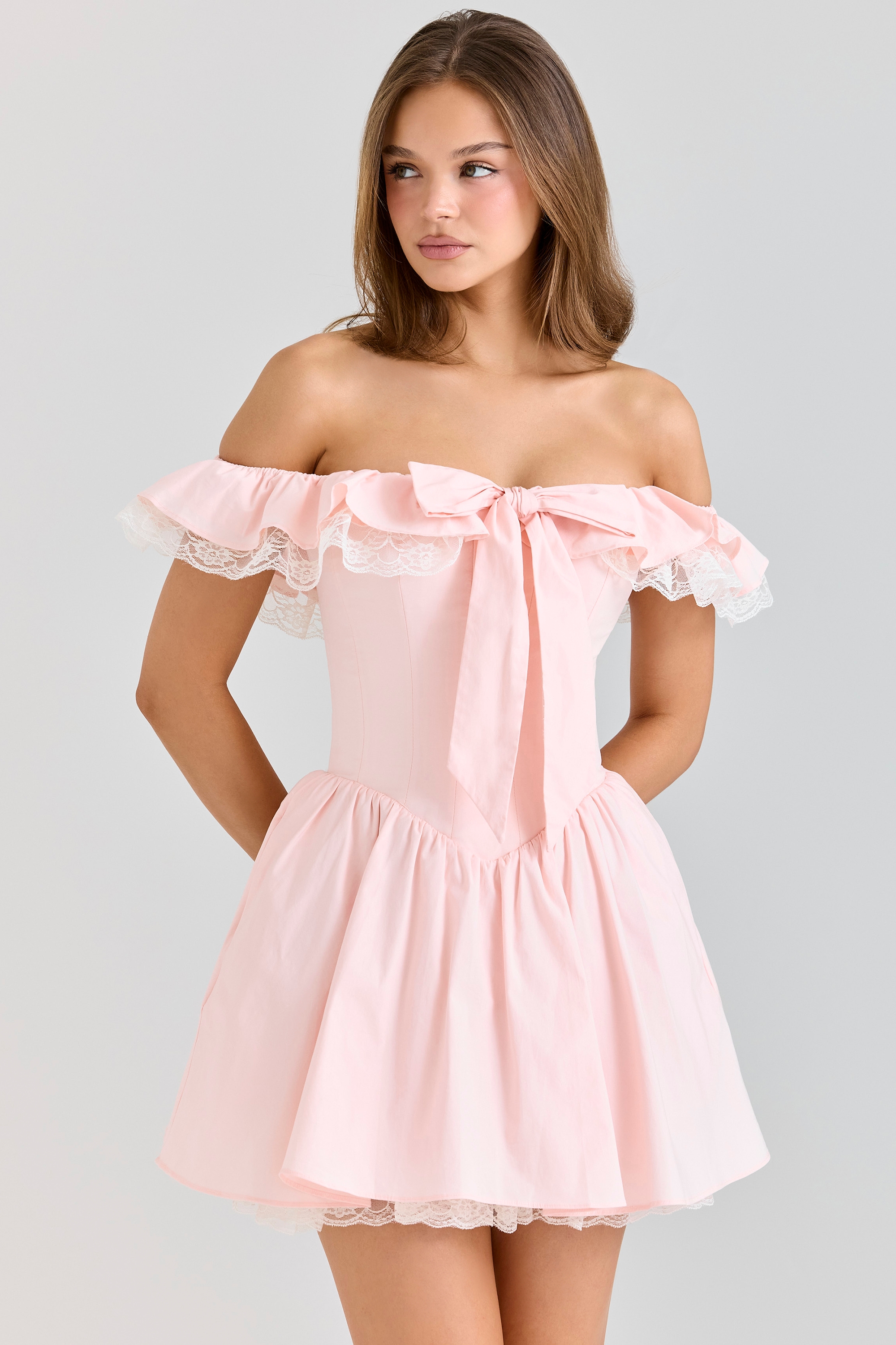 Pink Stretch Cotton Off Shoulder Corset Mini Dress - TREBLEV