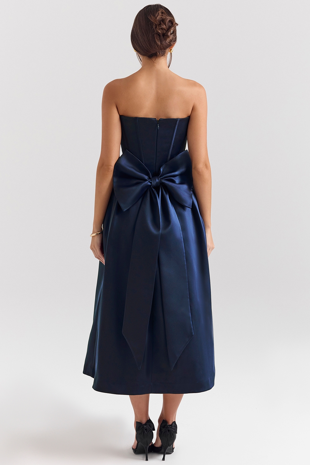 Midnight Blue Strapless Detachable Bow Midi Dress - TREBLEV