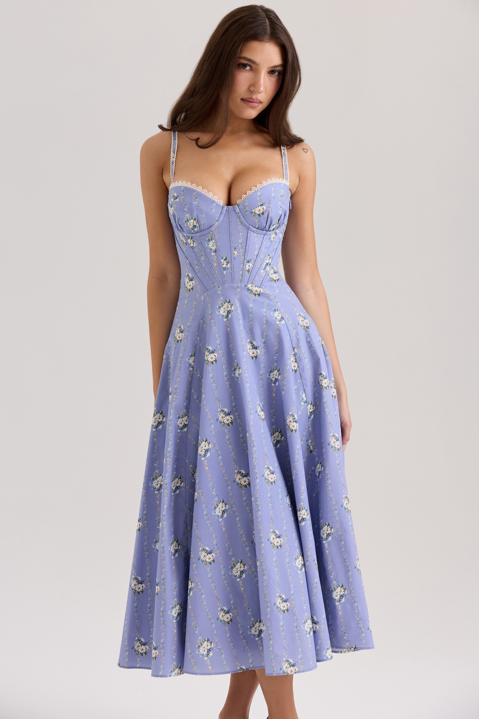 Blue Daisy Print Stretch Cotton Midi Sundress - TREBLEV