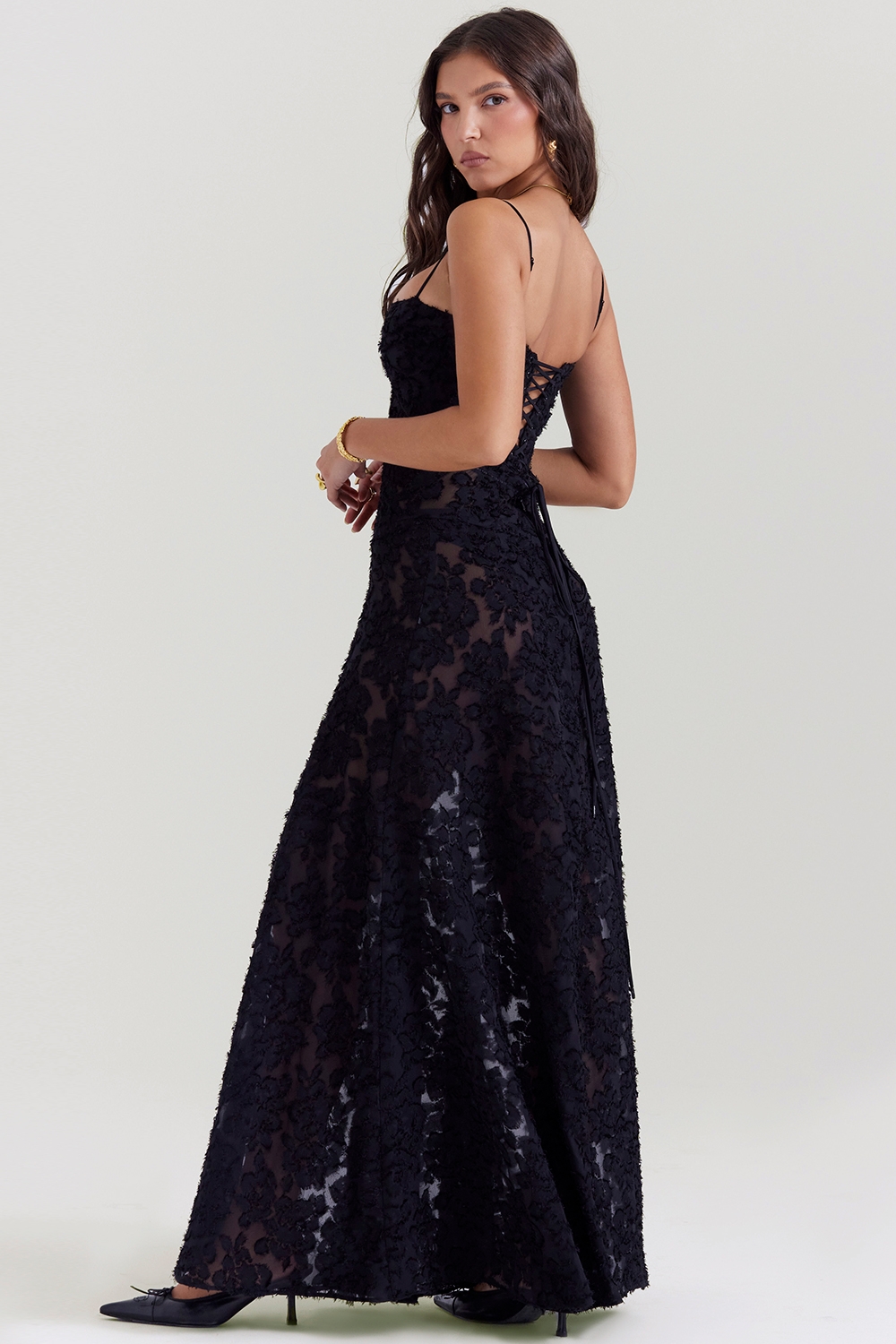 Black Floral Lace Back Maxi Dress - TREBLEV