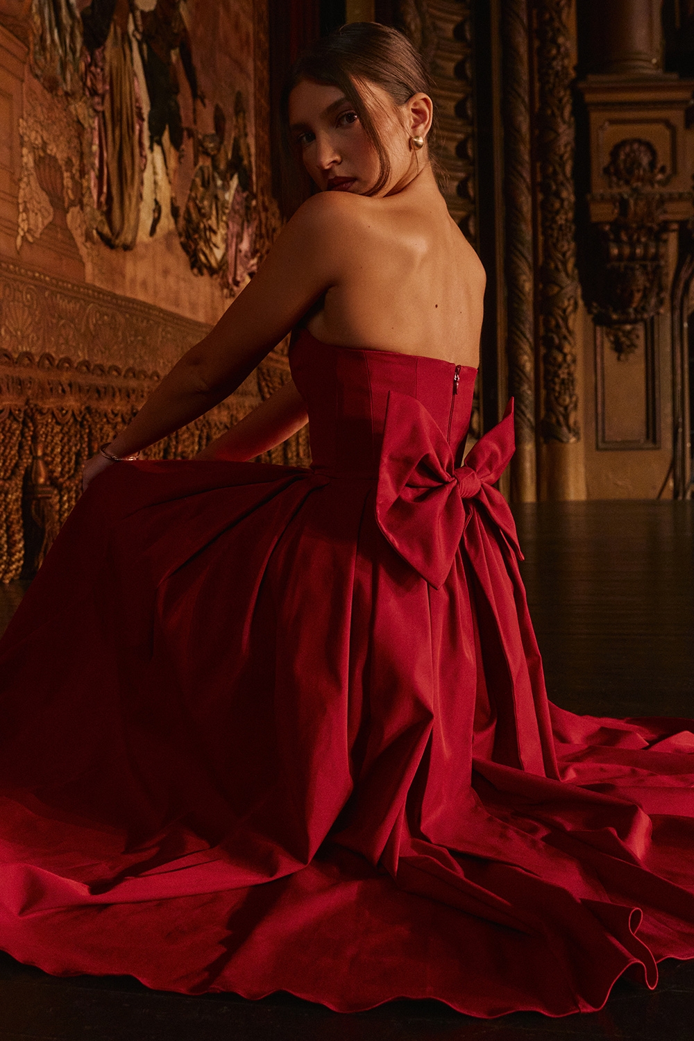 Berry Strapless Detachable Bow Midi Dress - TREBLEV