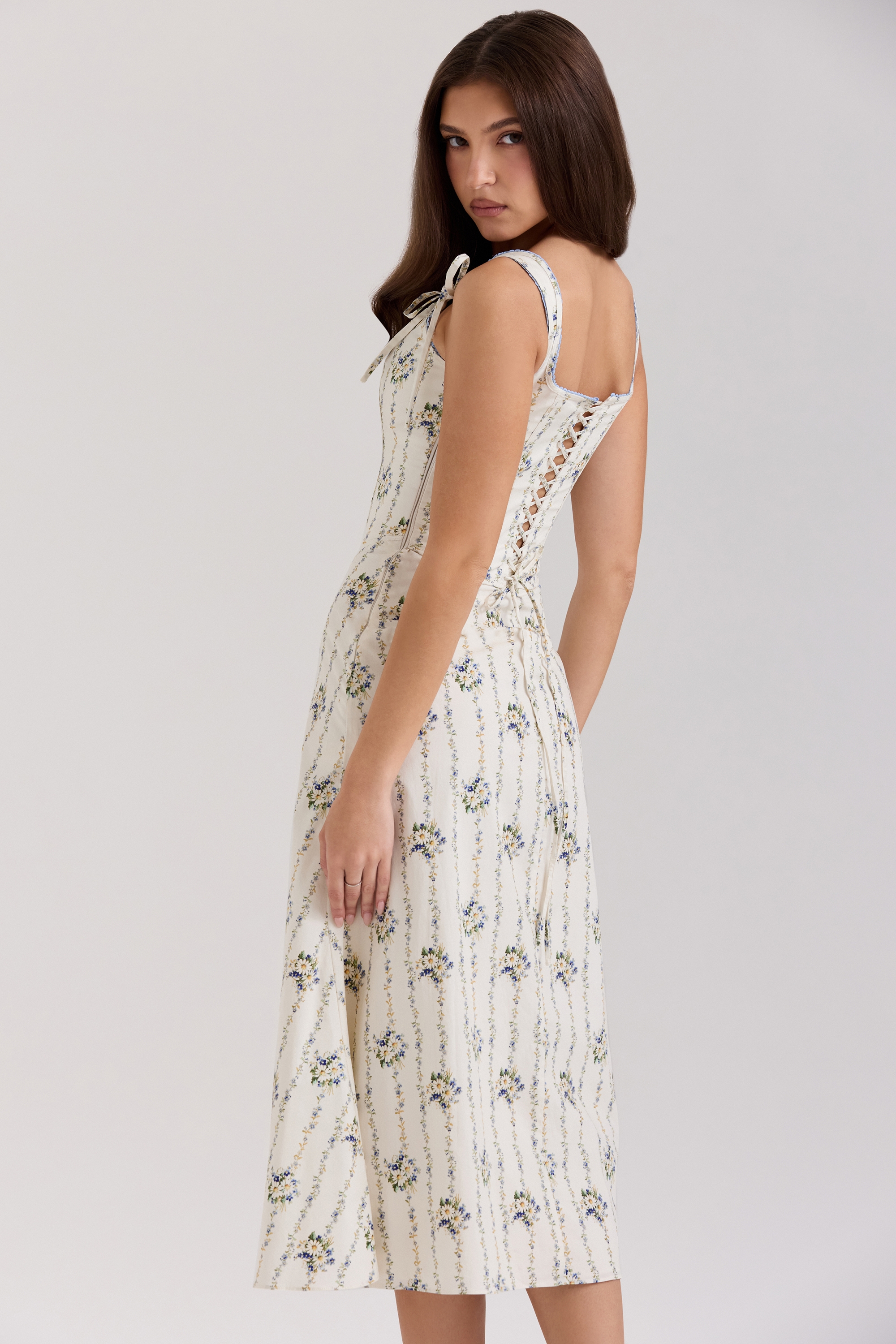 Cream Daisy Print Stretch Cotton Midi Dress - TREBLEV