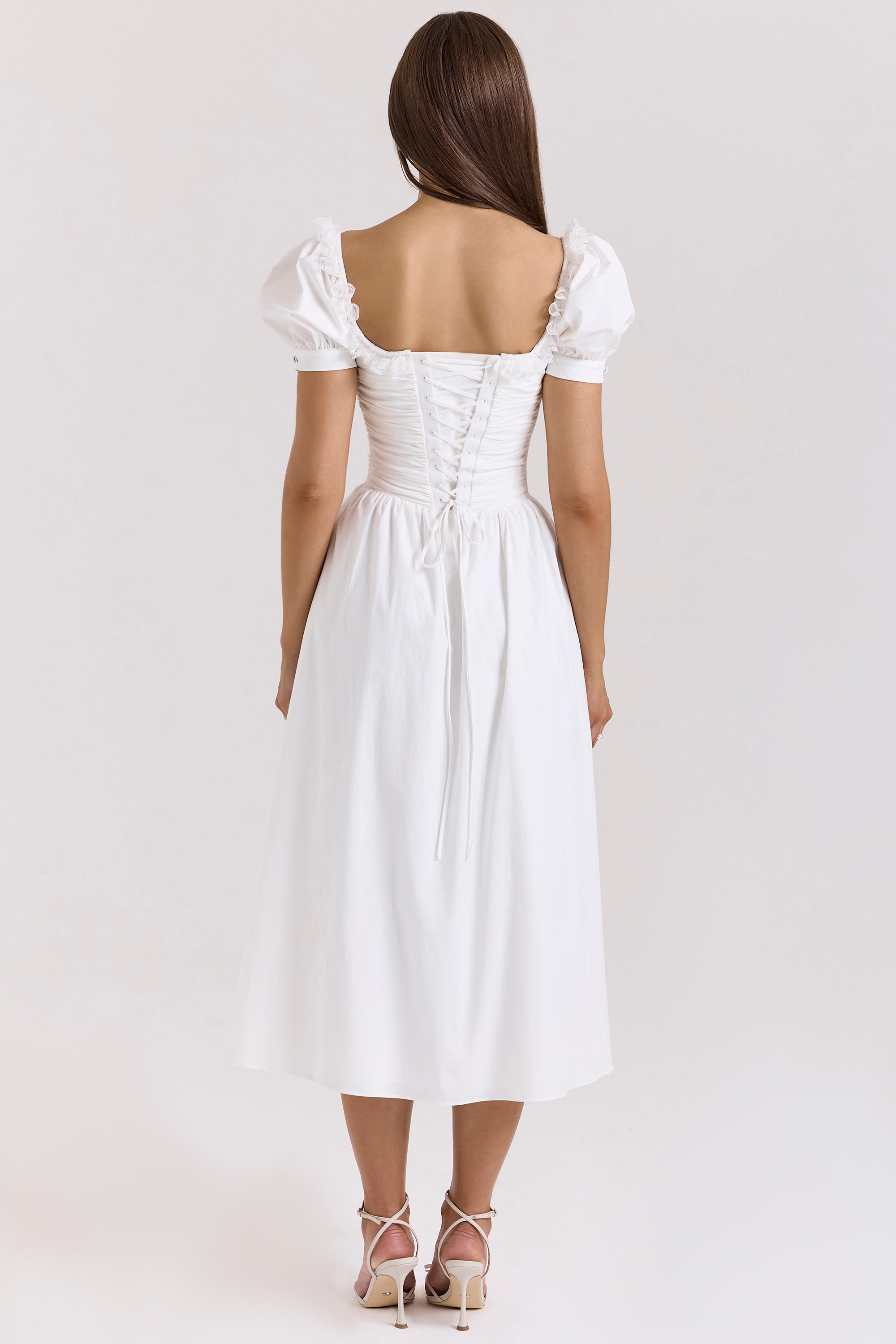 White Stretch Cotton Puff Sleeve Midi Dress - TREBLEV
