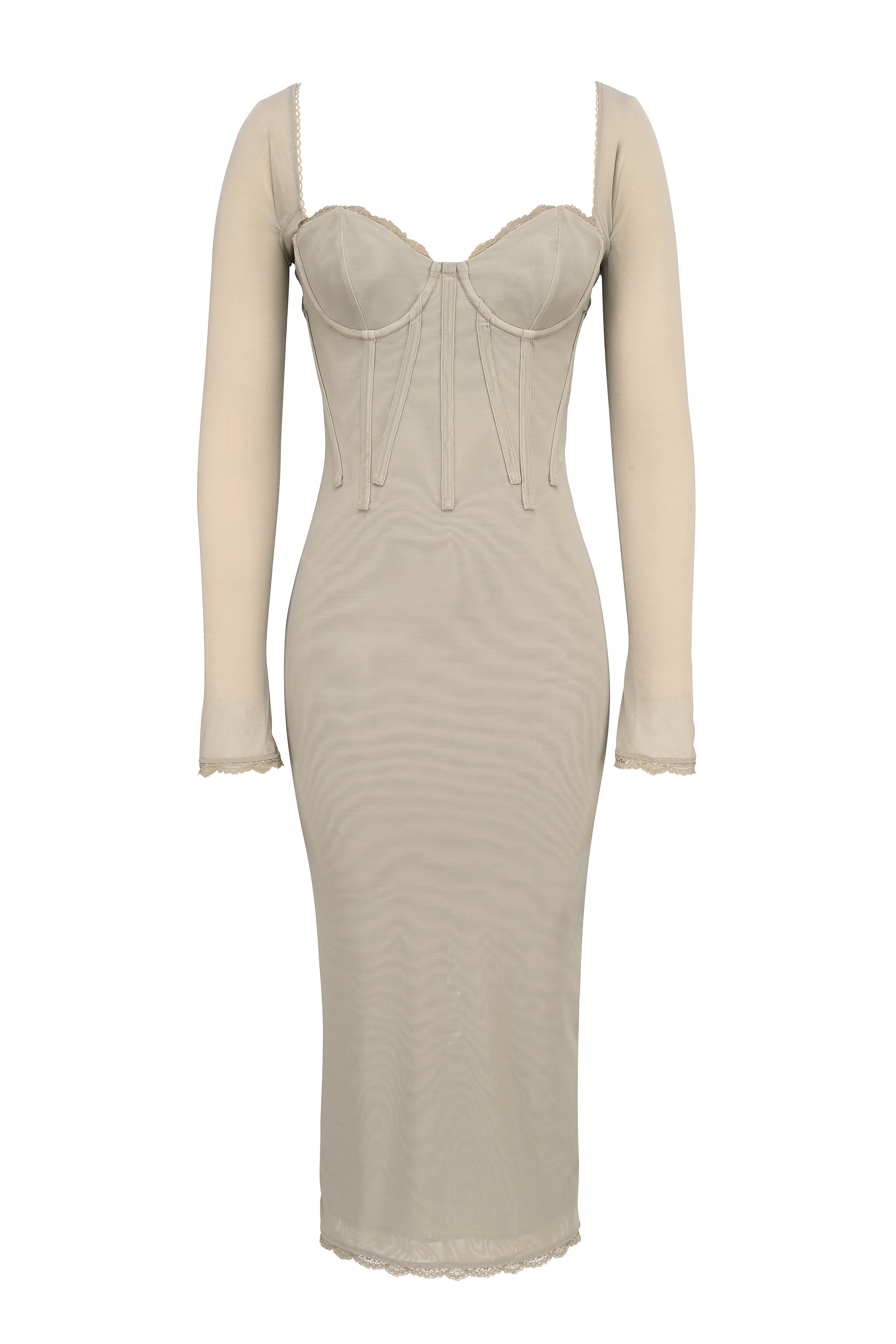 Beige Mesh Long Sleeve Bodycon Midi Dress - TREBLEV
