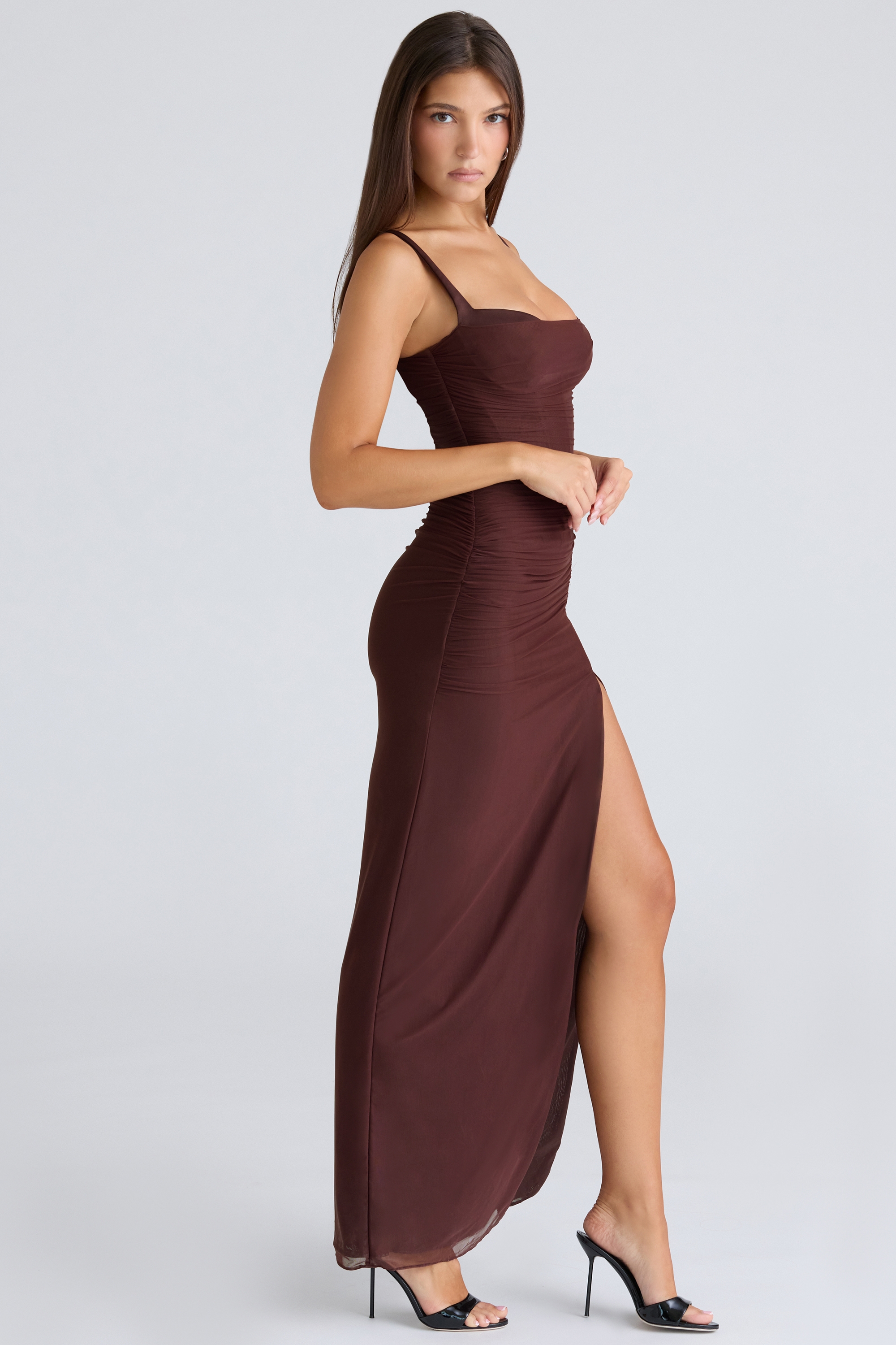 Burgundy Stretch Mesh Maxi Dress - TREBLEV