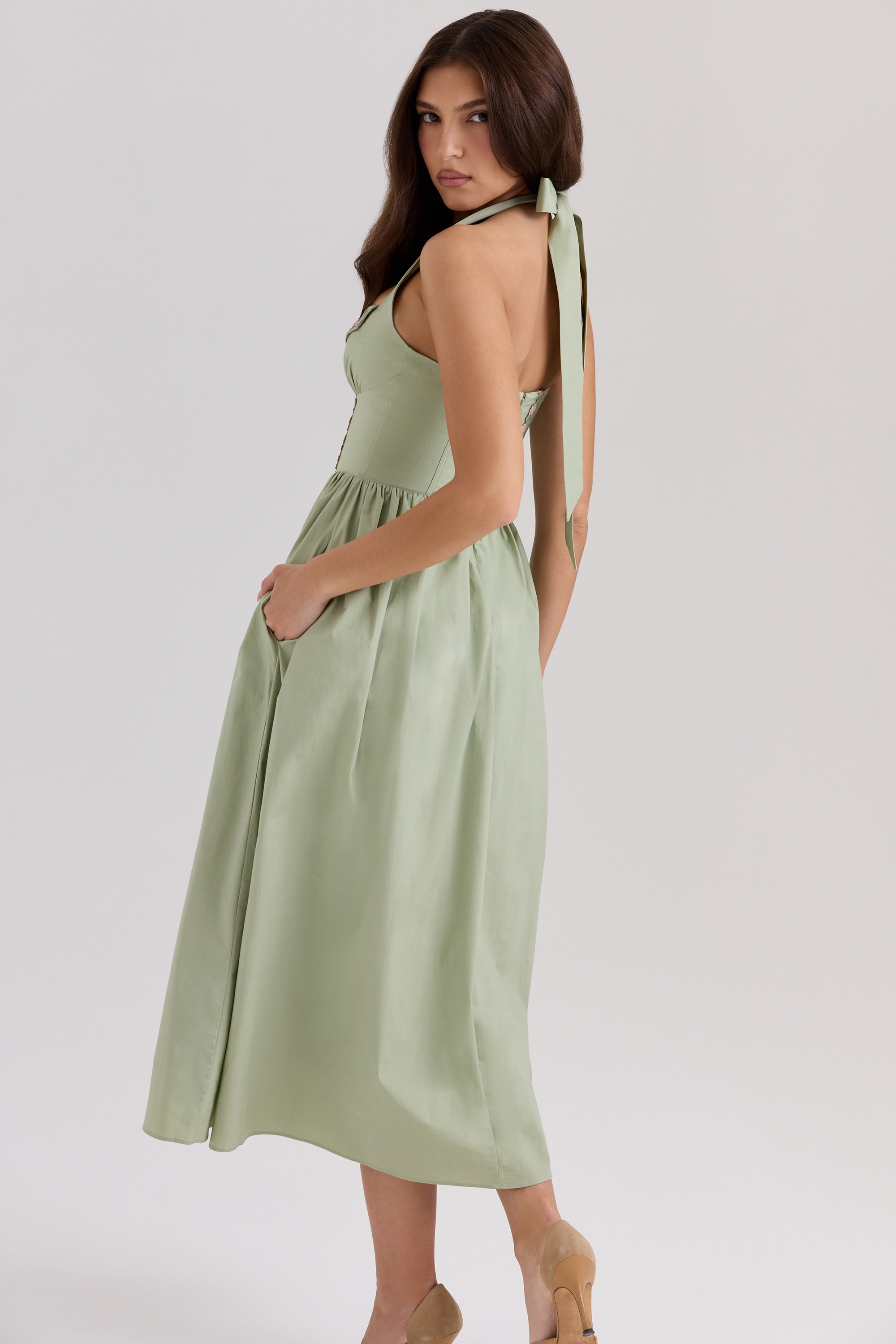 Sage Stretch Cotton Halter Neck Midi Dress - TREBLEV