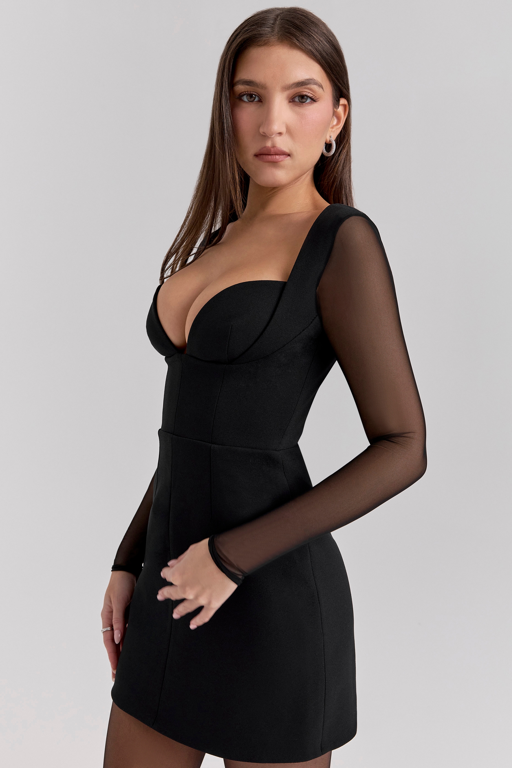 Black Stretch Crepe Plunge Mini Dress - TREBLEV