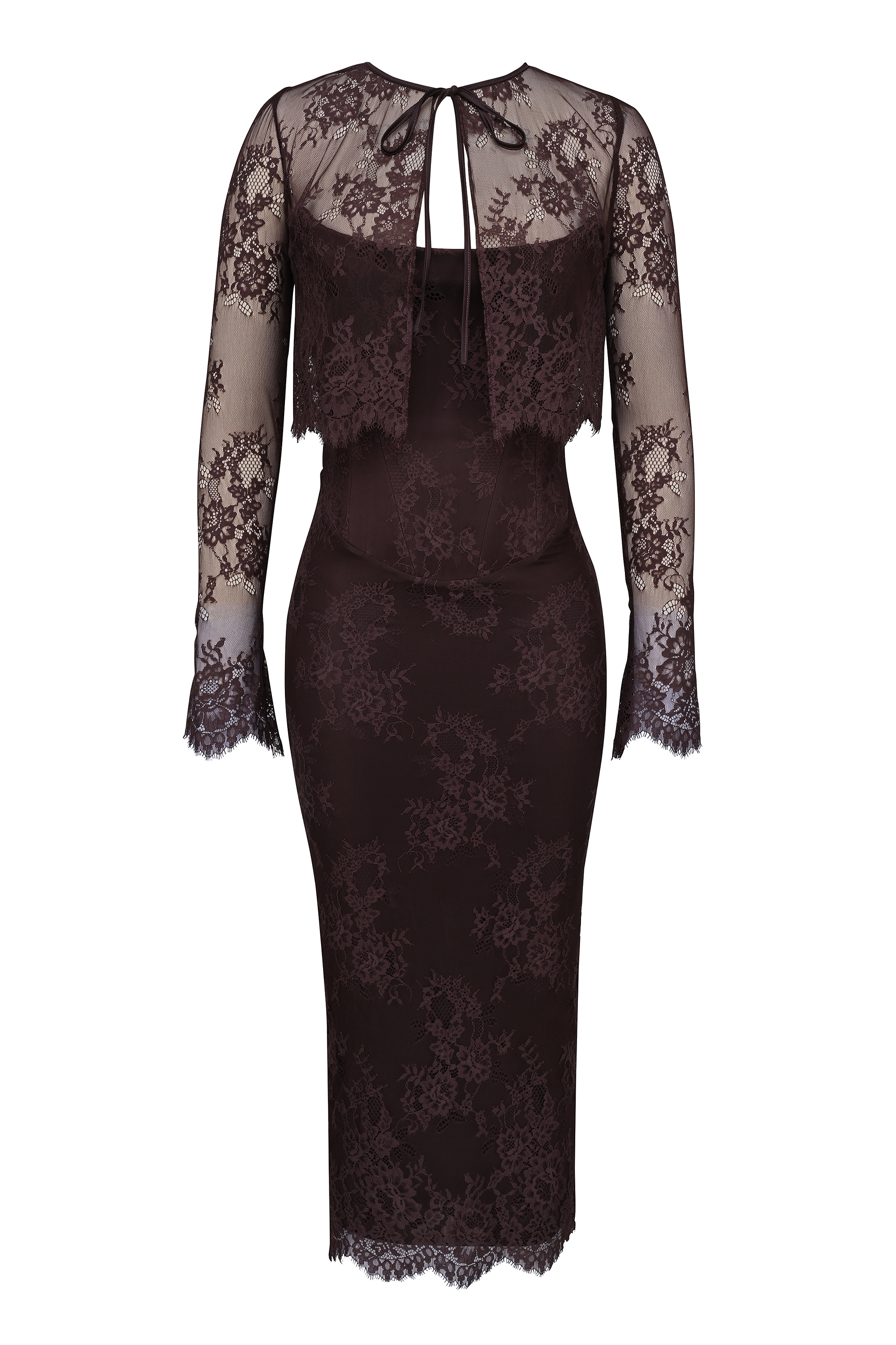 Bitter Chocolate Lace Corset Midi Dress & Bolero - TREBLEV