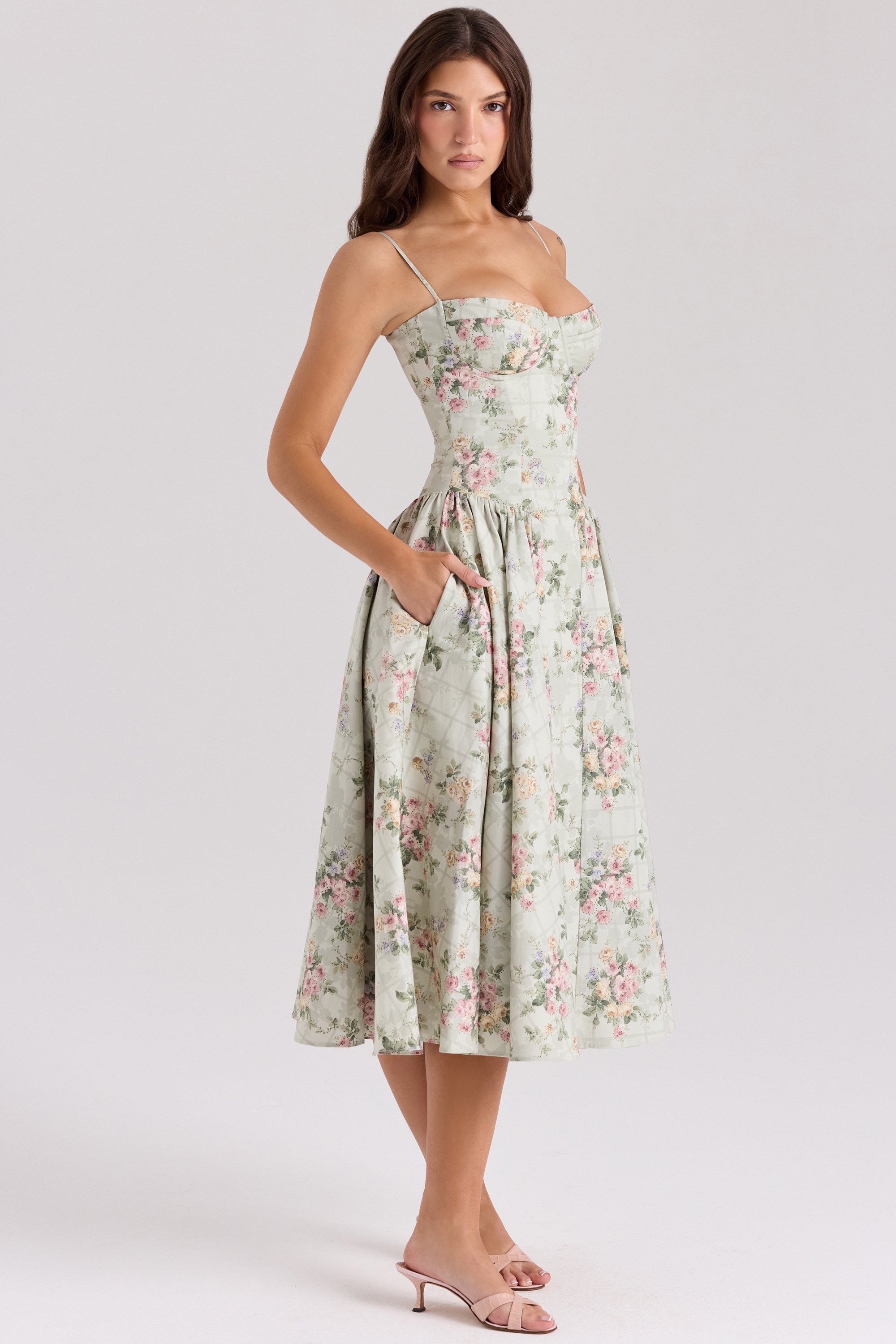 Sage Floral Print Cotton Midi Dress - TREBLEV