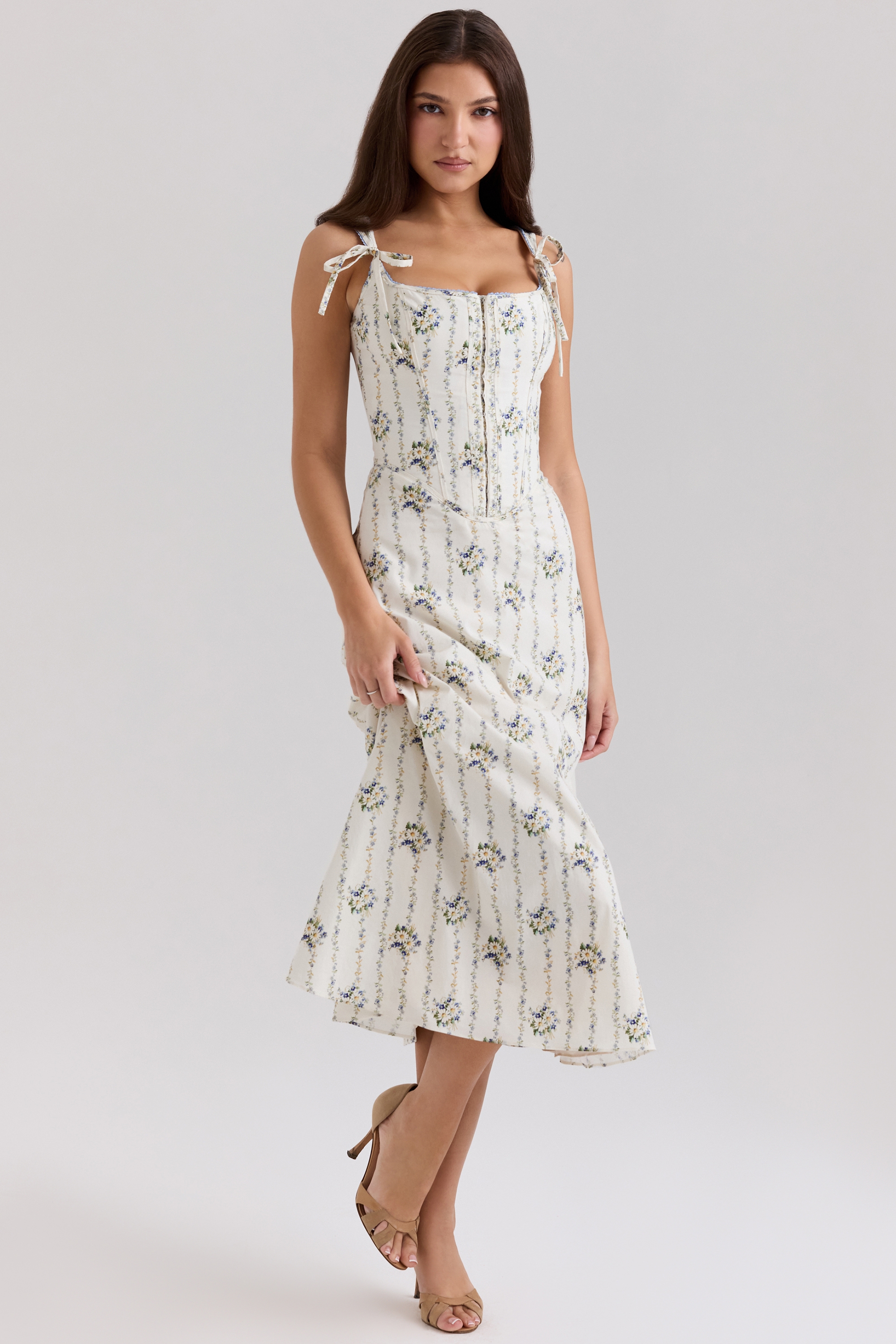 Cream Daisy Print Stretch Cotton Midi Dress - TREBLEV