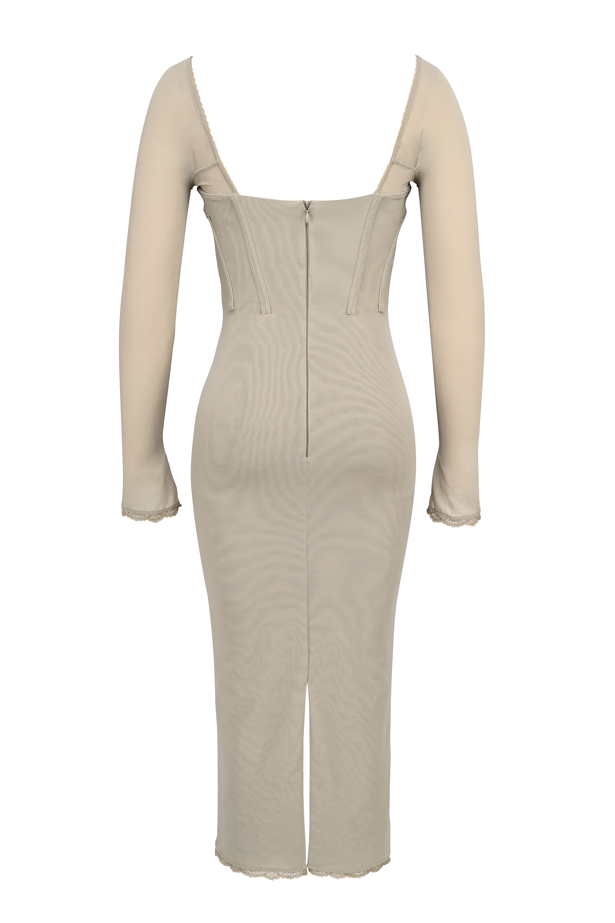 Beige Mesh Long Sleeve Bodycon Midi Dress - TREBLEV