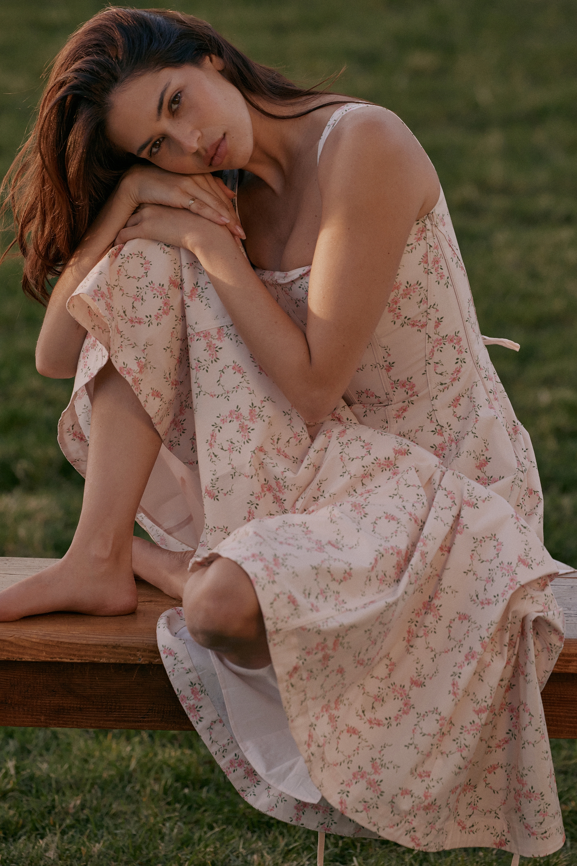 Cream Floral Print Cotton Midi Sun Dress - TREBLEV