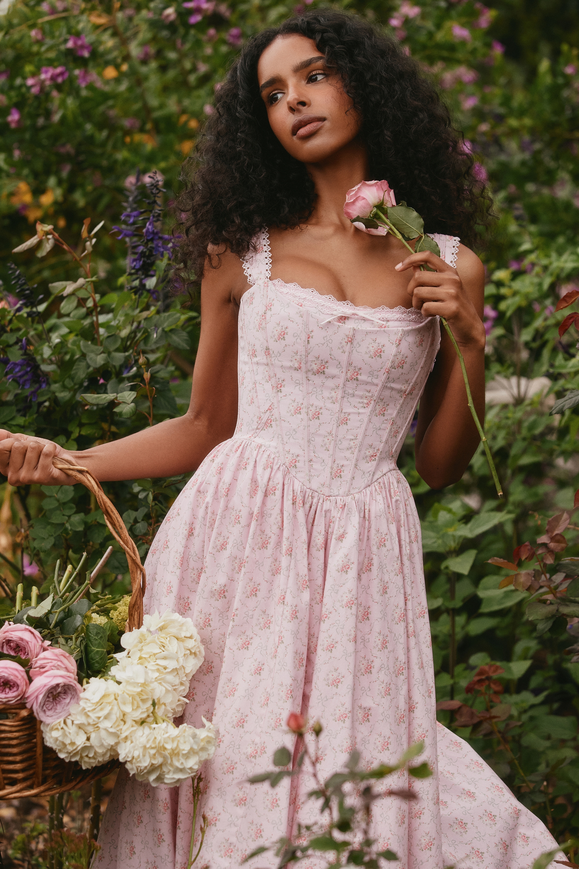 Pink Rose Print Stretch Cotton Corset Midi Dress - TREBLEV