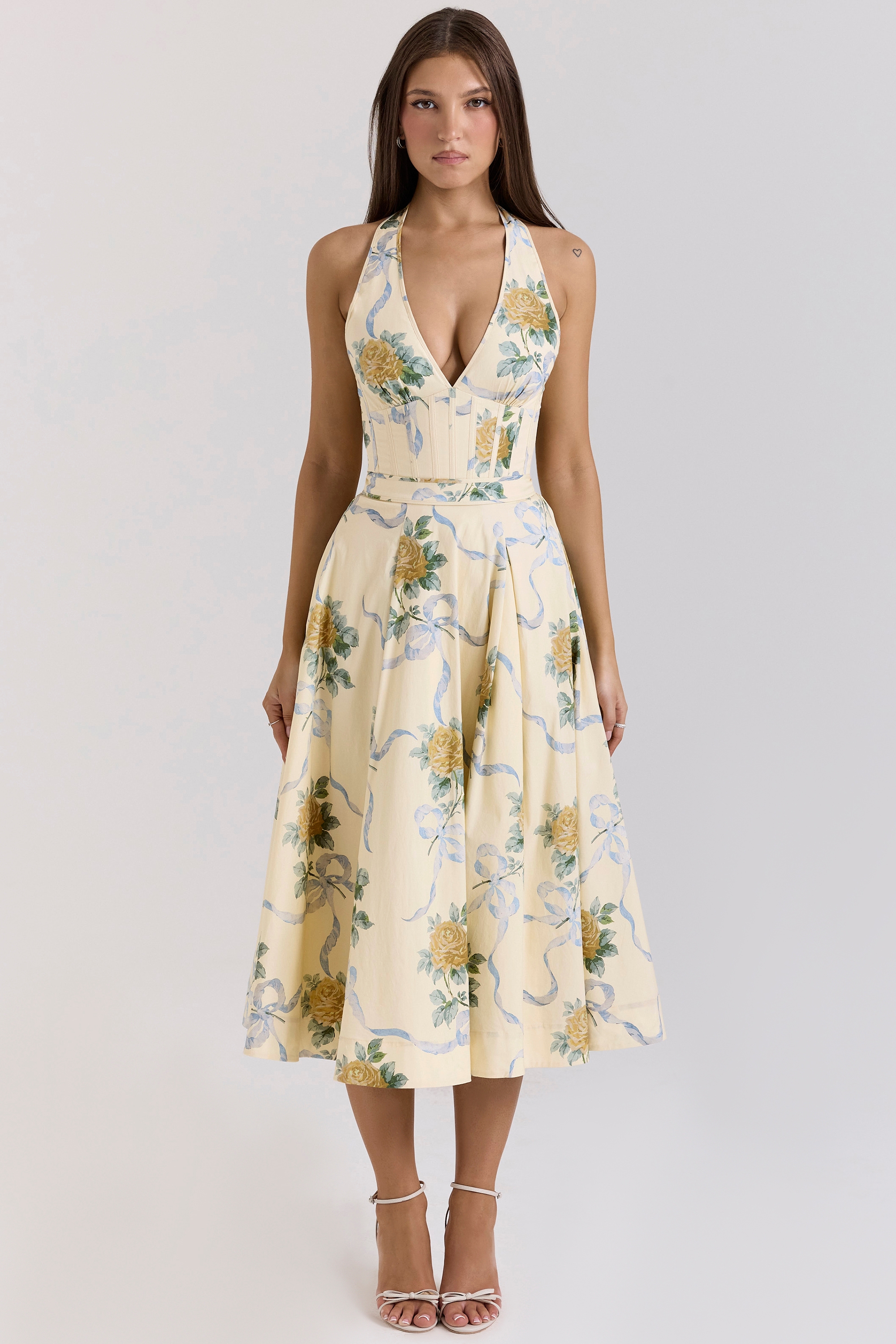 Lemon Ribbon Stretch Cotton Halter Midi Sundress - TREBLEV