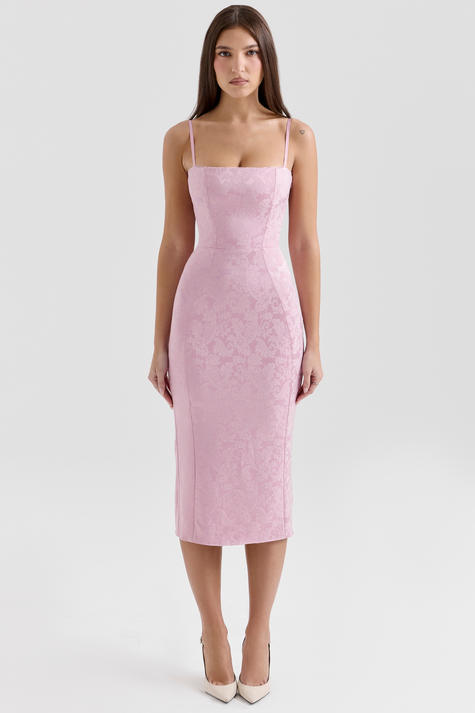 Pink Jacquard Lace Up Bodycon Midi Dress - TREBLEV