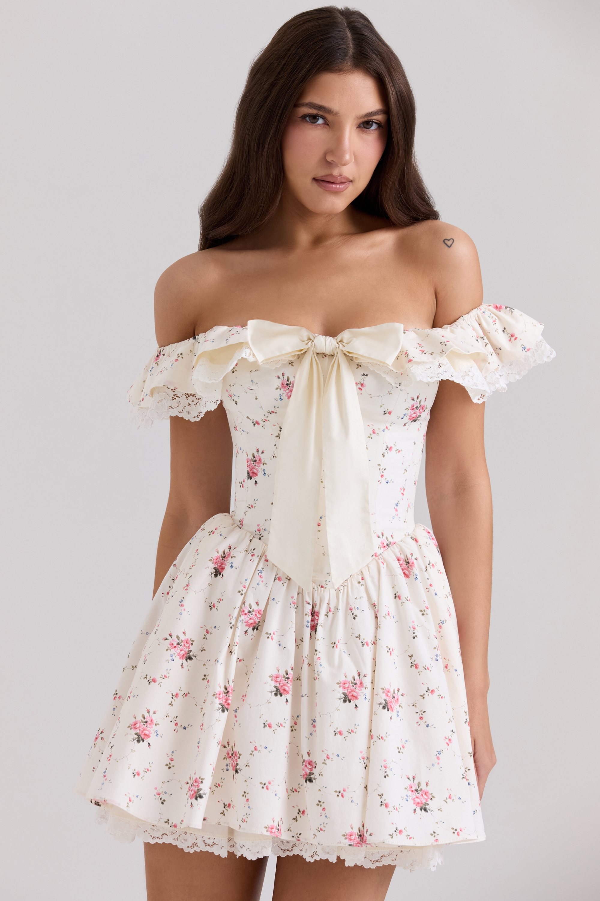 Stretch Cotton Floral Print Off Shoulder Corset Mini Dress - TREBLEV