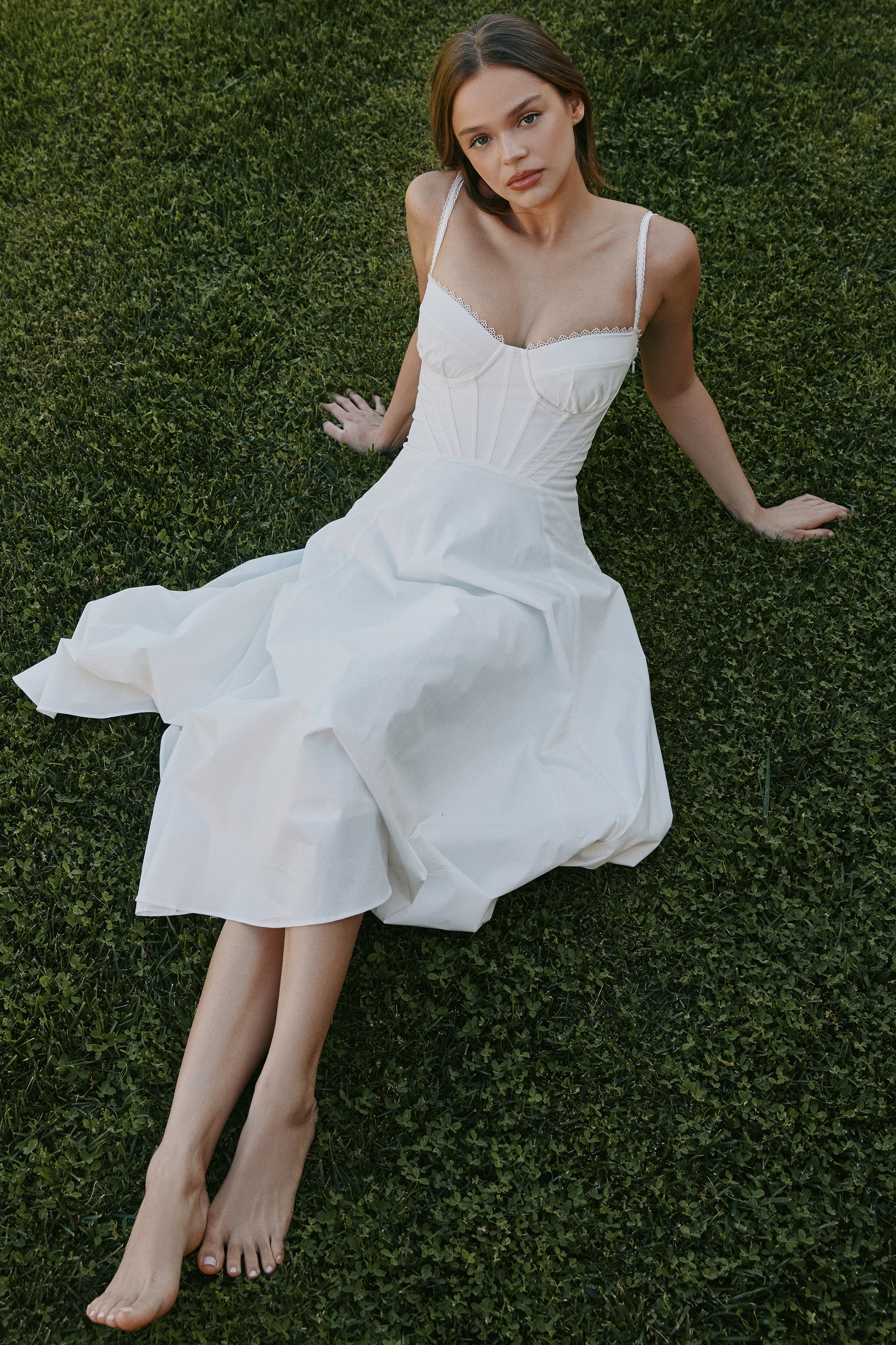 White Stretch Cotton Midi Sundress - TREBLEV