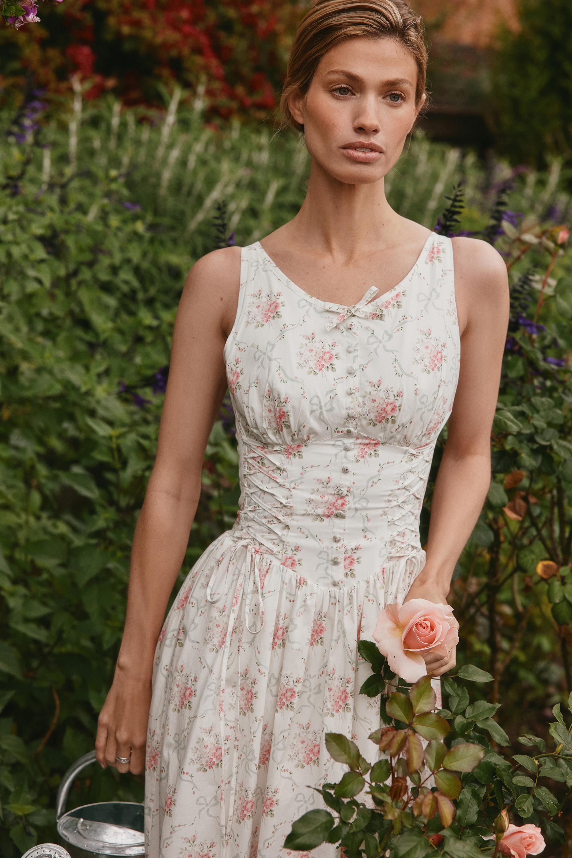 Rose Print Stretch Cotton Lace Up Midi Dress - TREBLEV