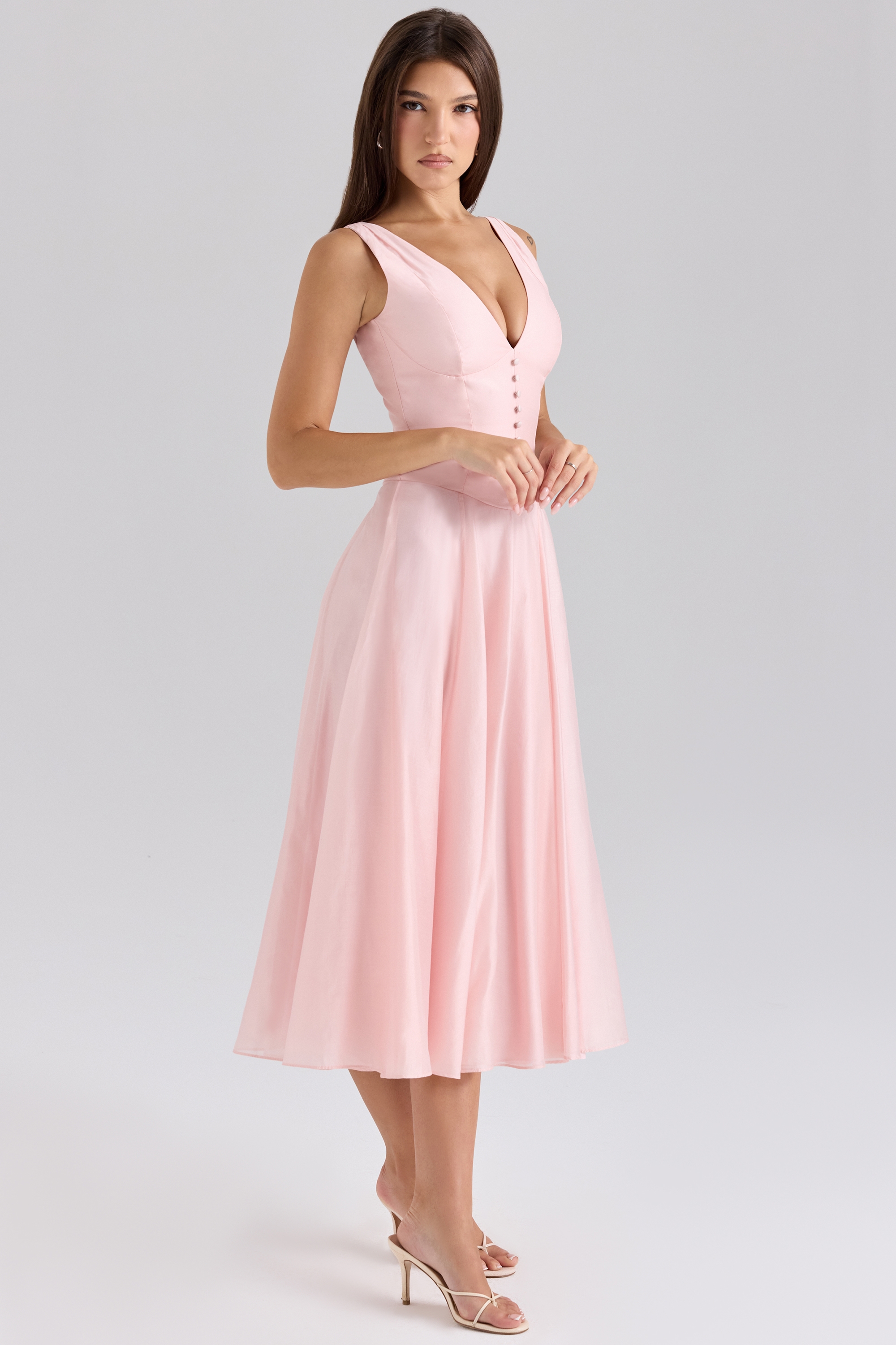 Pink Chiffon Button Midi Dress - TREBLEV