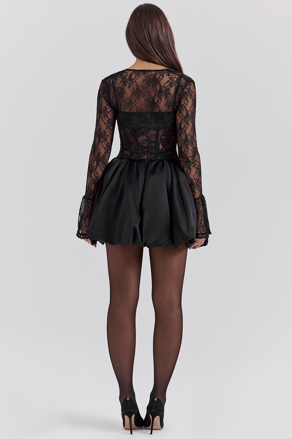 Black Lace Puffball Mini Dress - TREBLEV
