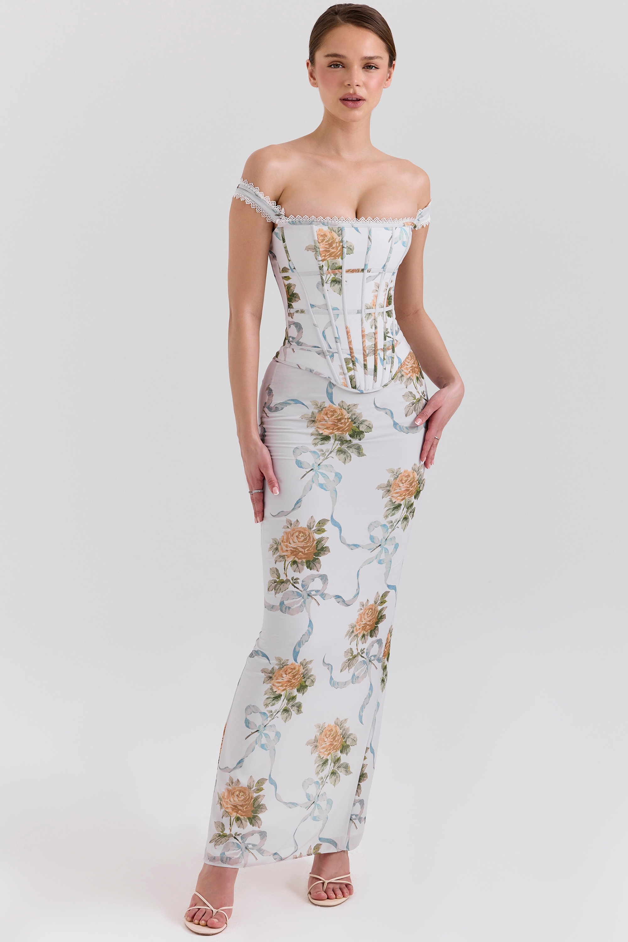Soft Blue Vintage Print Corset Maxi Dress - TREBLEV