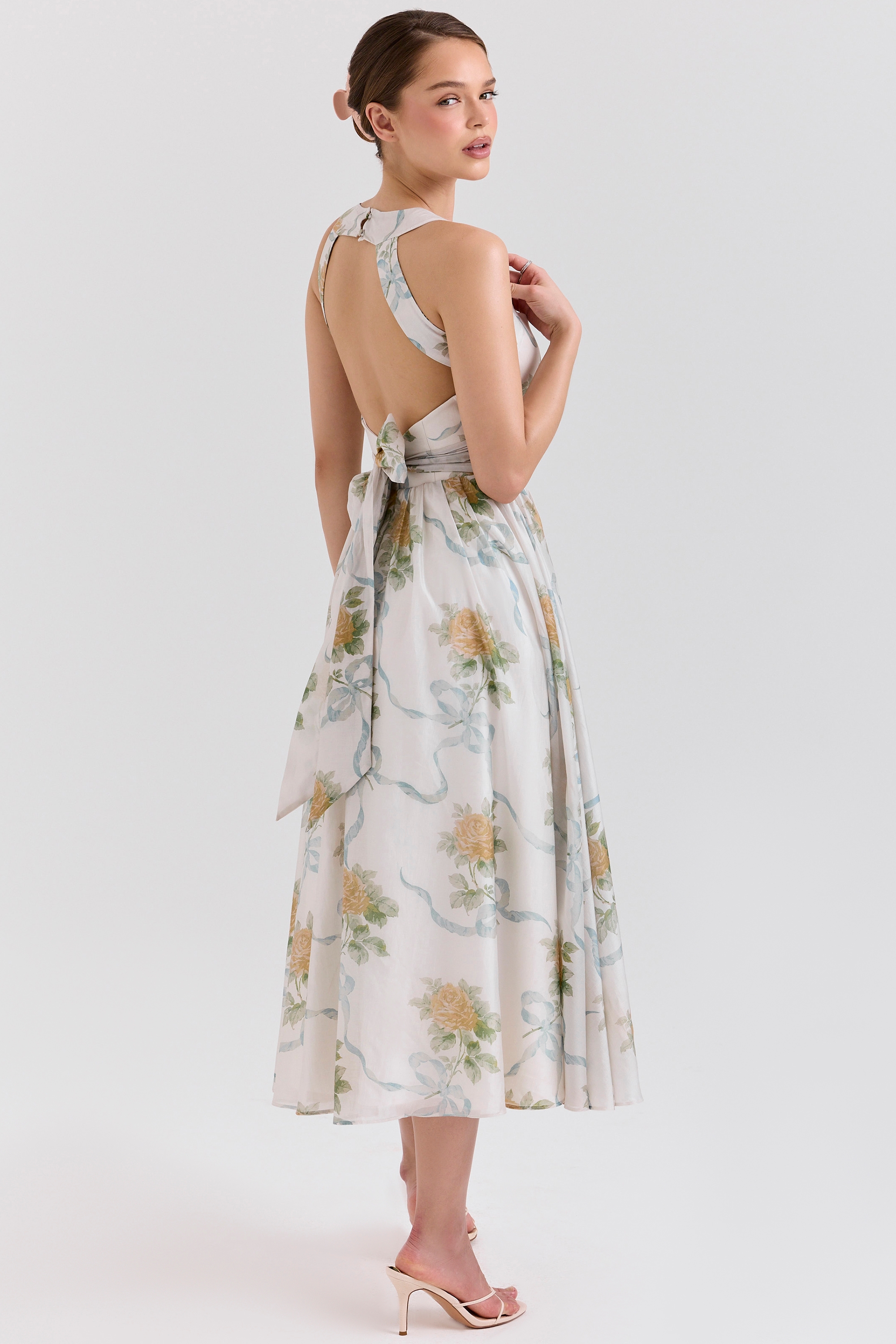 Soft Blue Vintage Ribbon Print Chiffon Midi Dress - TREBLEV