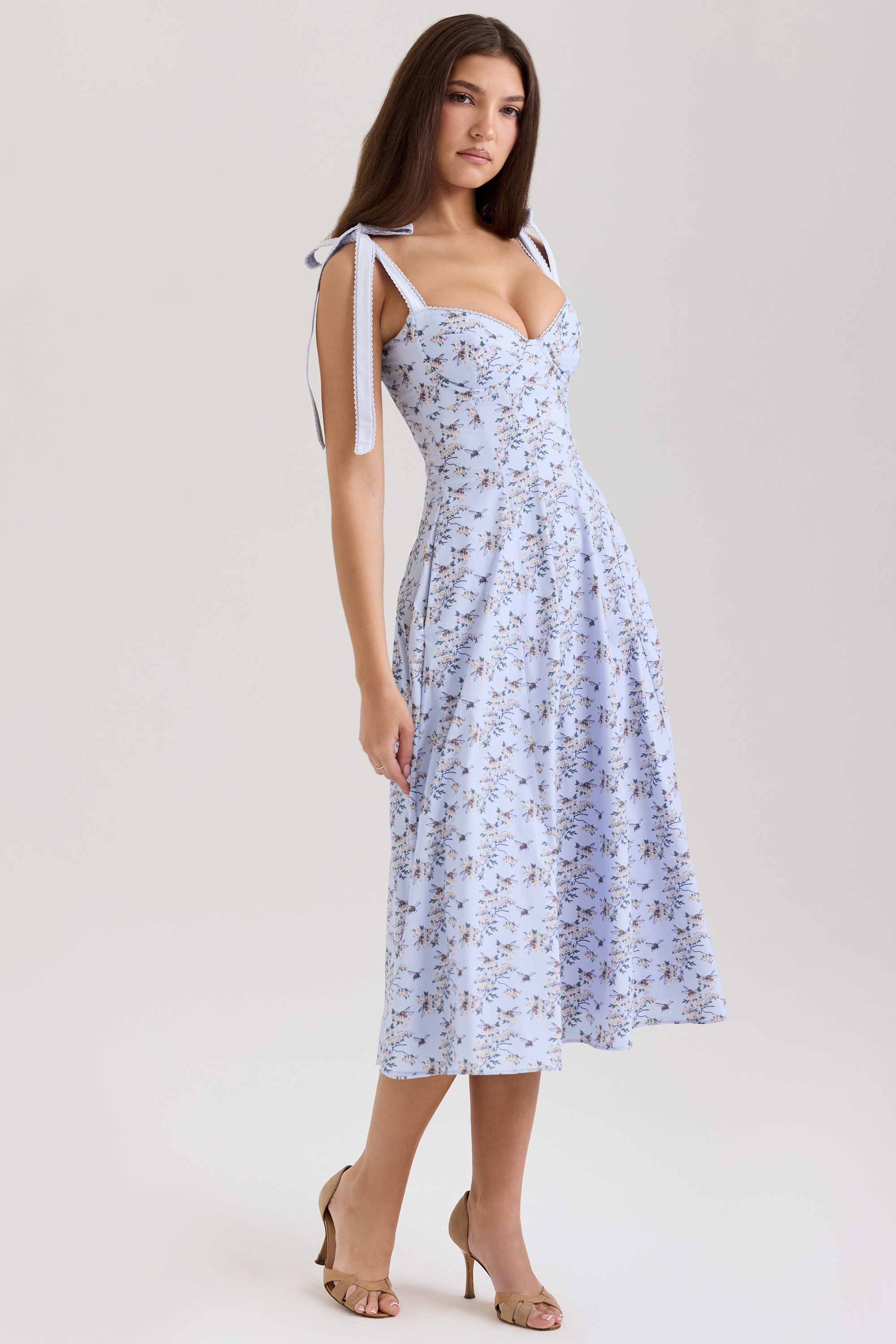 Blue Floral Print Stretch Cotton Midi Sundress - TREBLEV