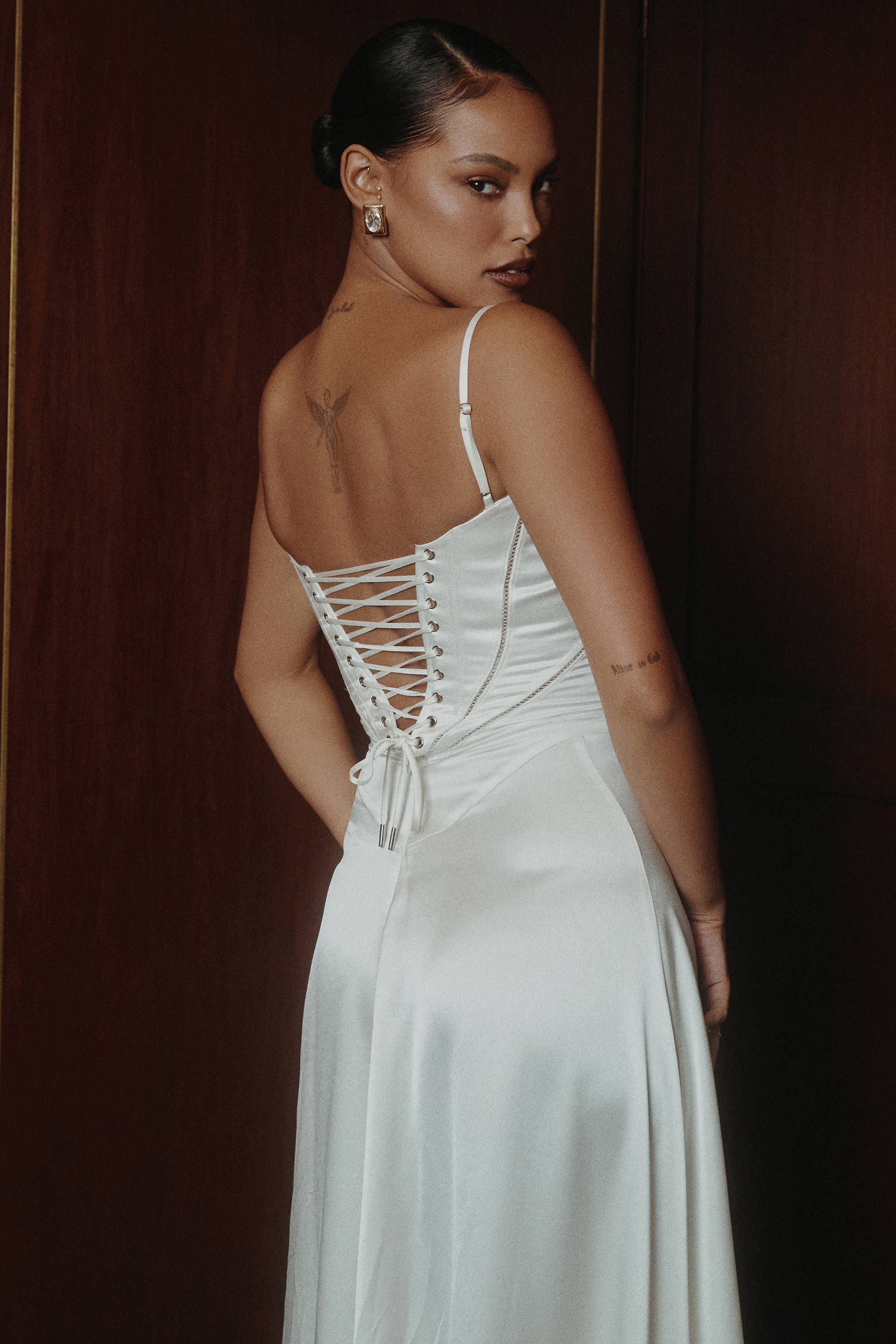 Ivory Satin Lace Up Maxi Dress - TREBLEV
