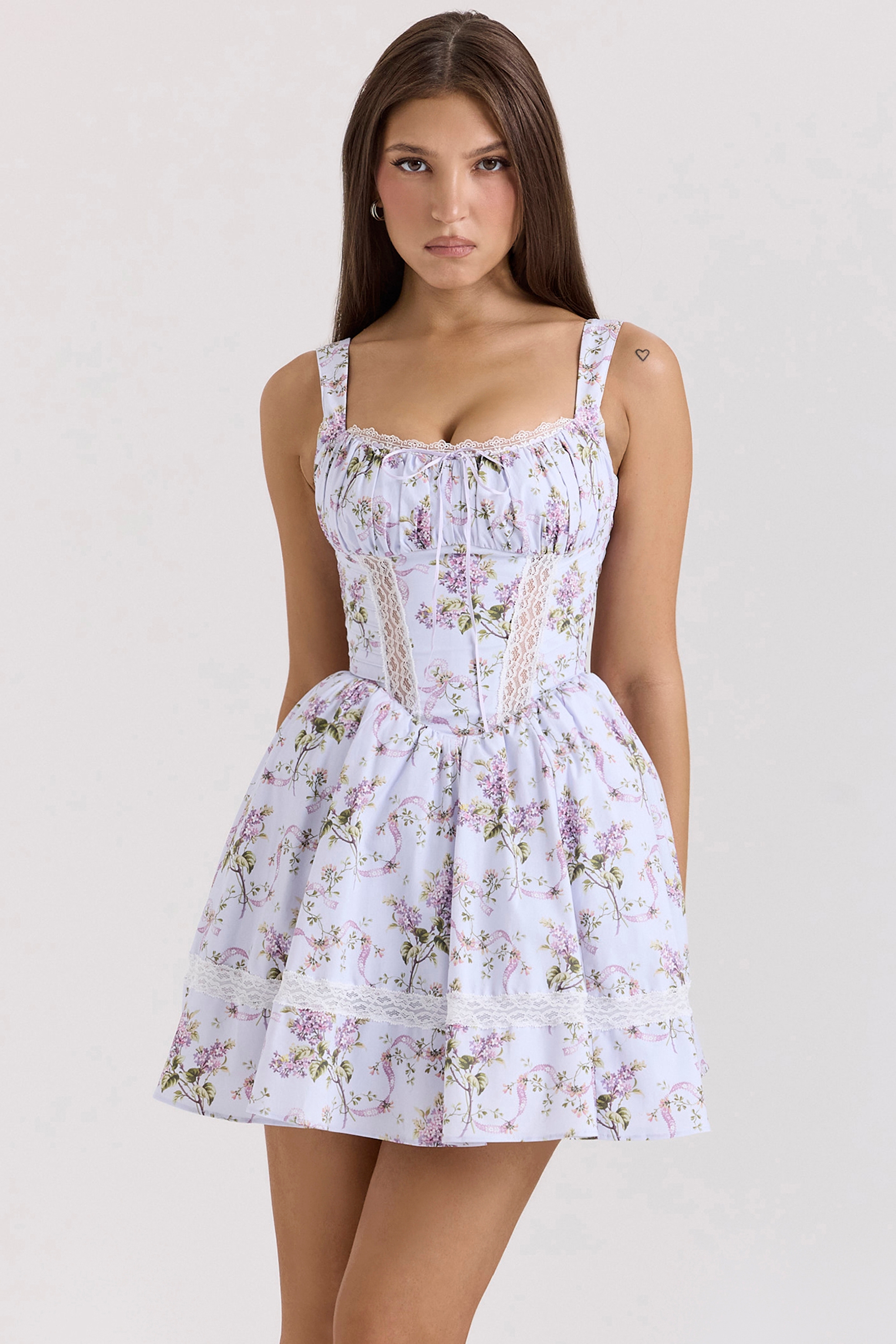 Lilac Ribbon Print Cotton Mini Dress - TREBLEV