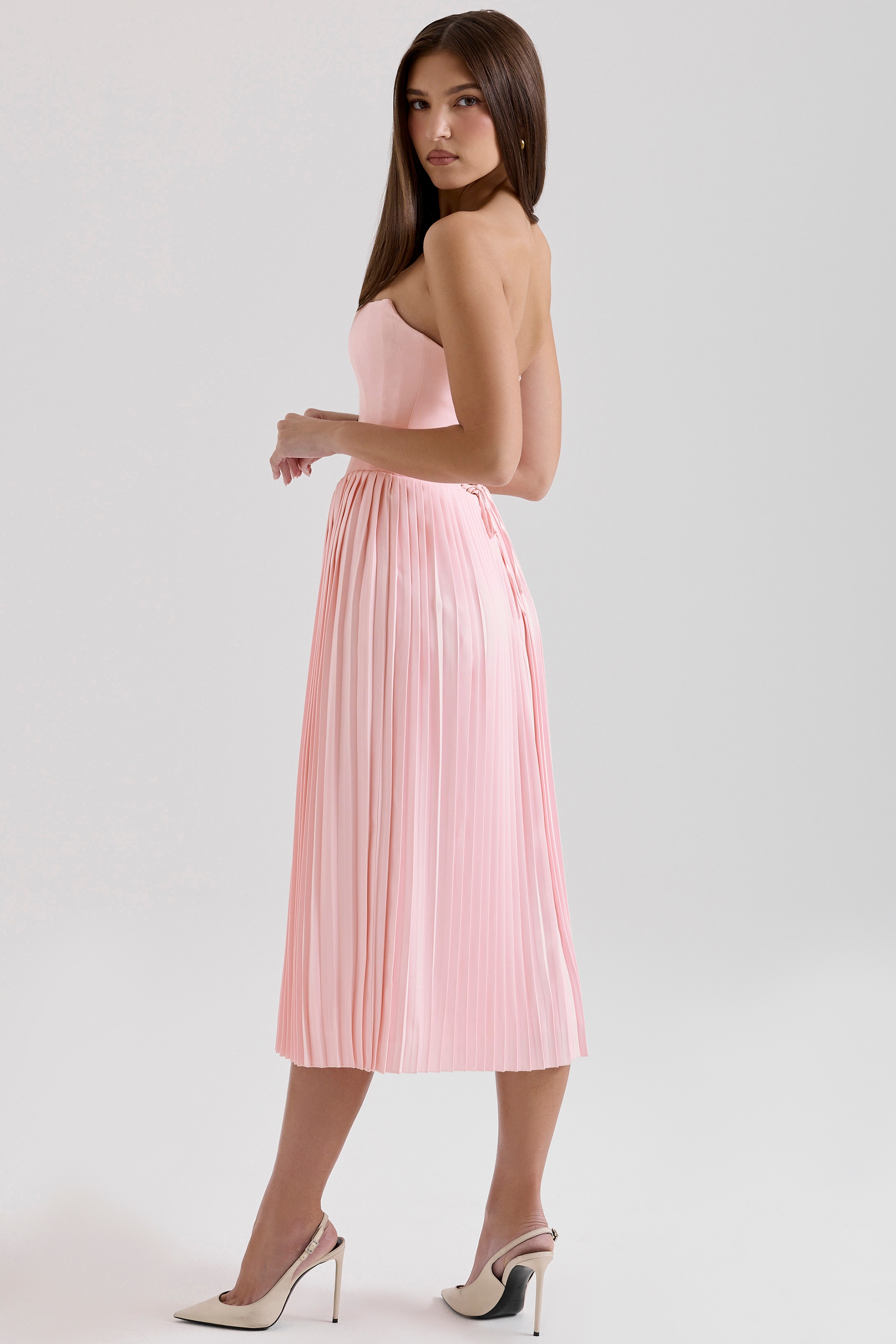 Pink Pleated Midi Corset Dress - TREBLEV