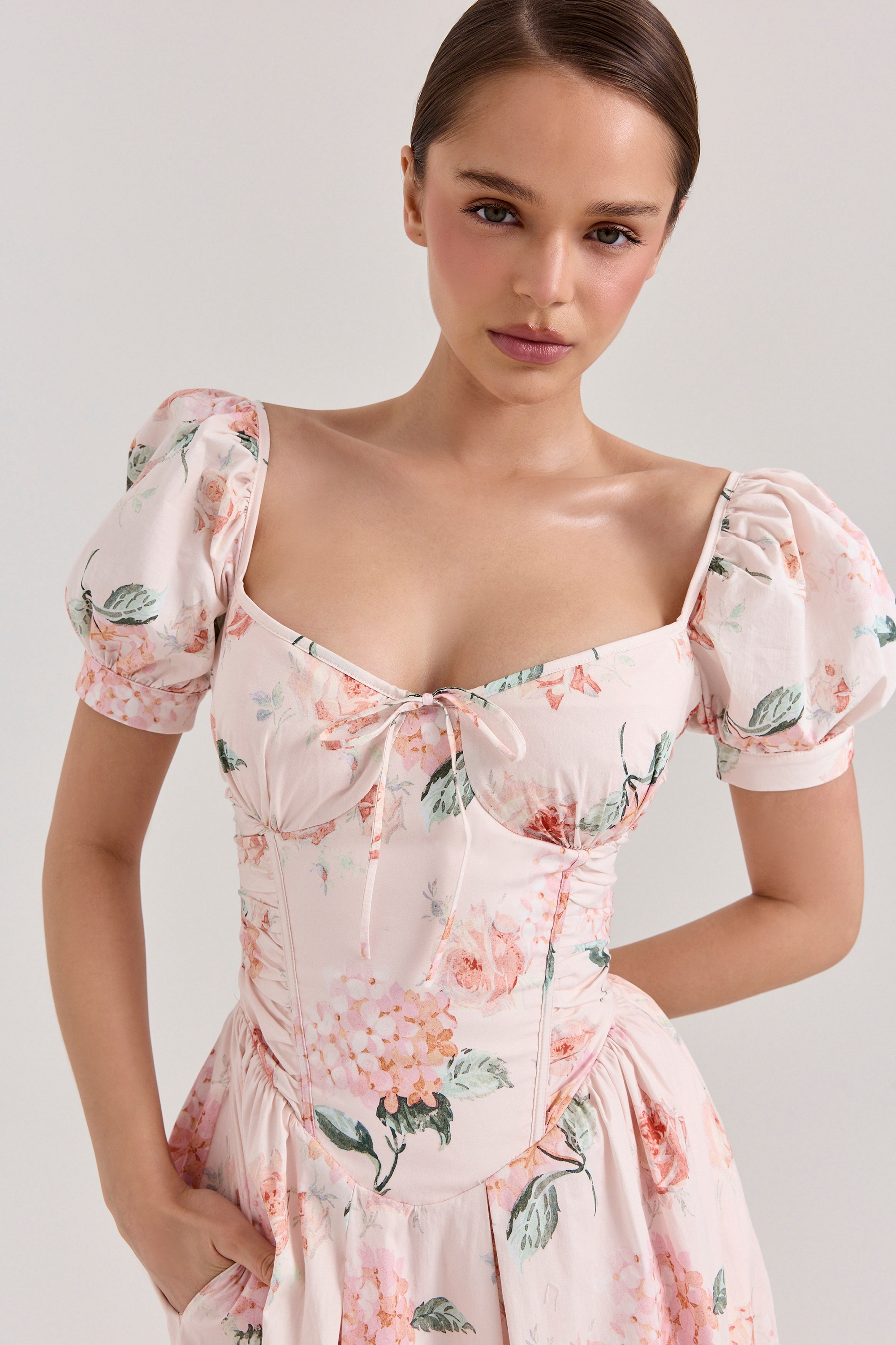 Peach Floral Cotton Puff Sleeve Midi Dress - TREBLEV