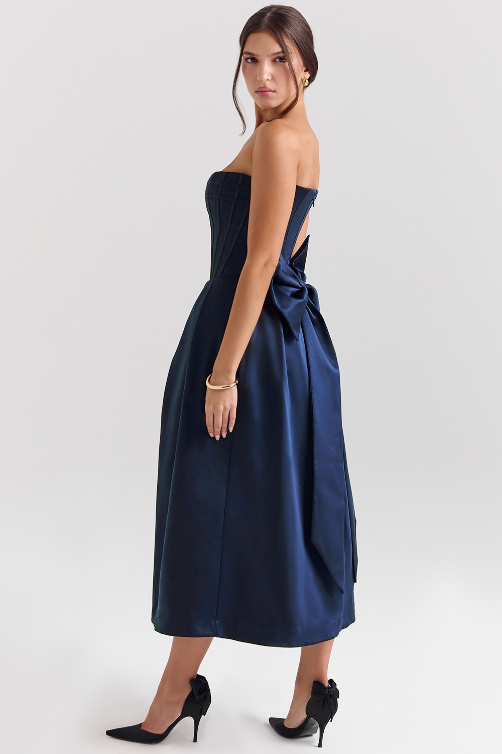 Midnight Blue Strapless Detachable Bow Midi Dress - TREBLEV