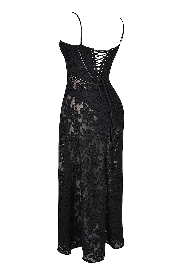 Black Floral Lace Back Maxi Dress - TREBLEV