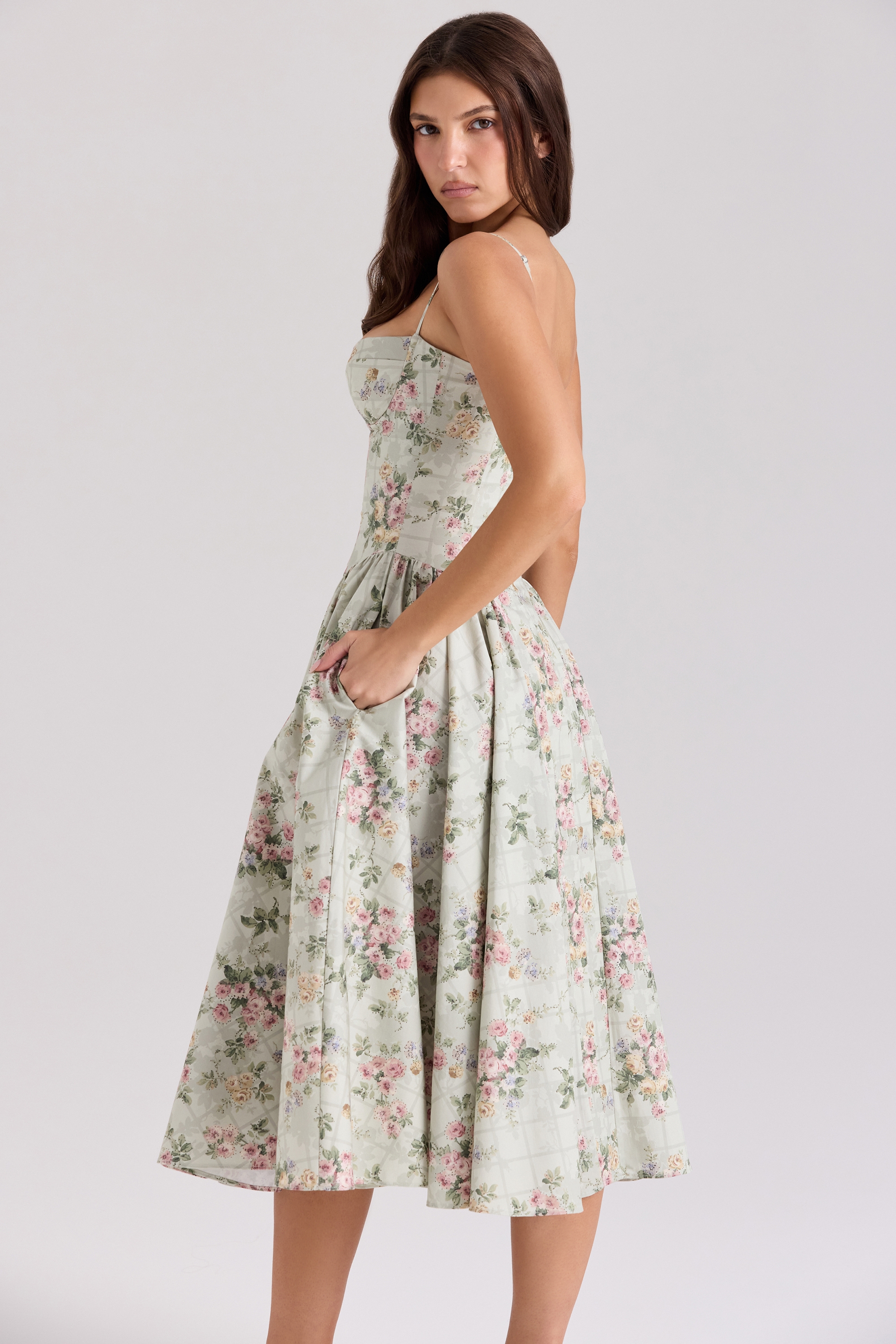 Sage Floral Print Cotton Midi Dress - TREBLEV
